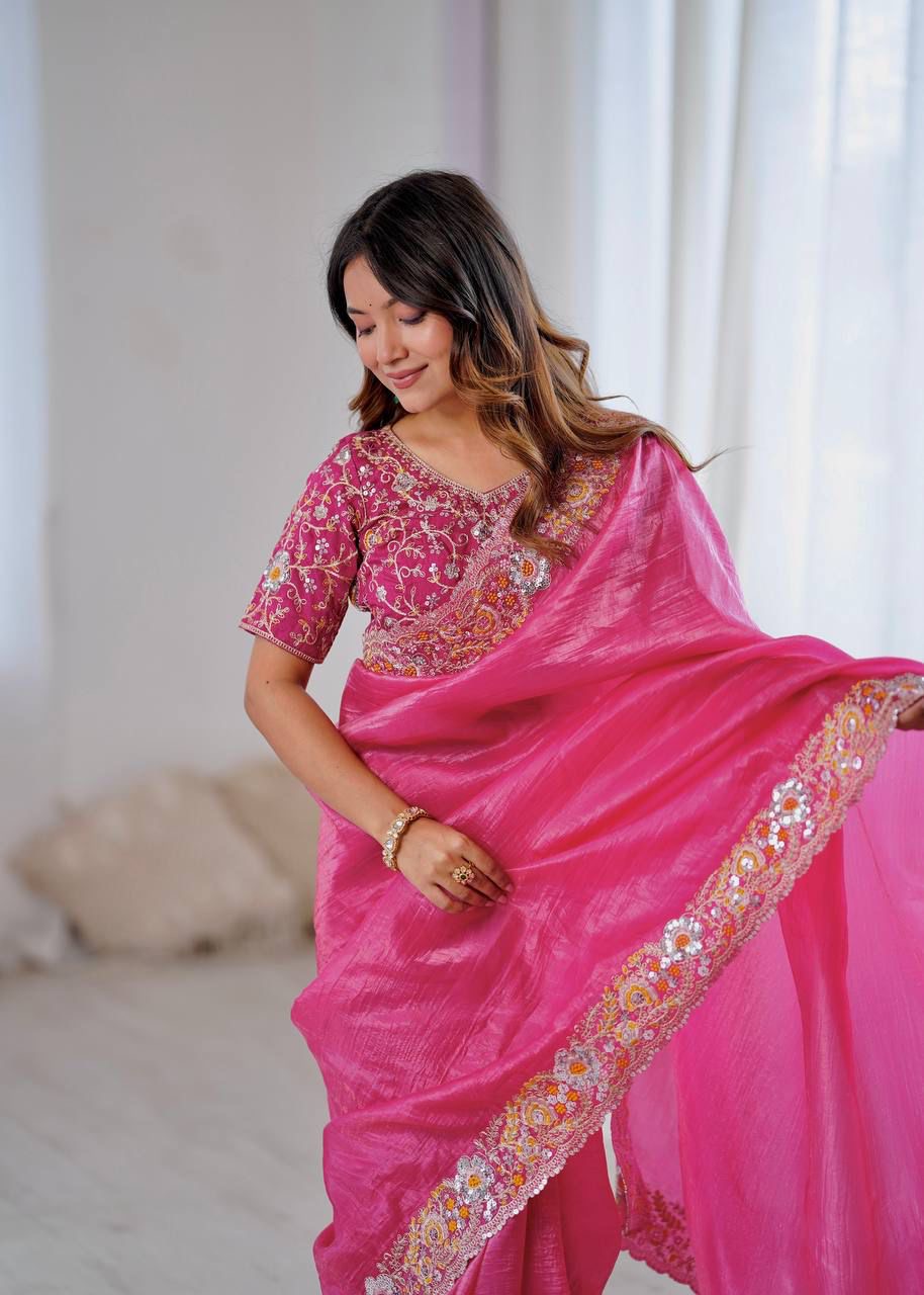 Premium Pink and Gold Crush Silk Saree