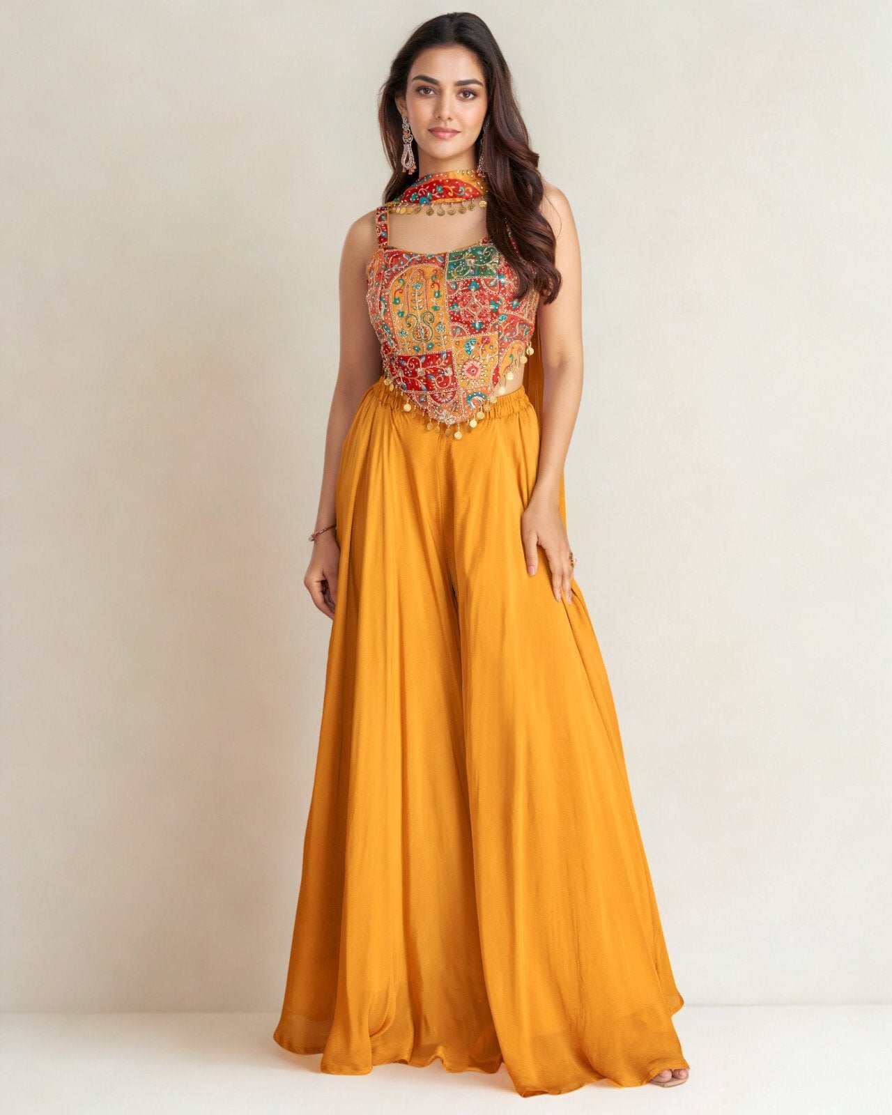 3 Piece Fusion Set | Embroidery Blouse, Palazzo & Dupatta