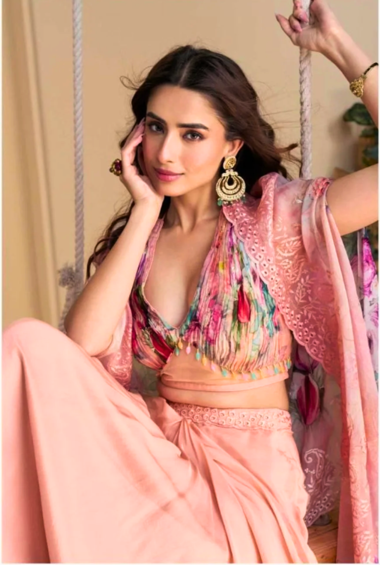 Wonaya Sayuri Chinon Indo Western Pair With Digital Floral Cape Designer Outfit