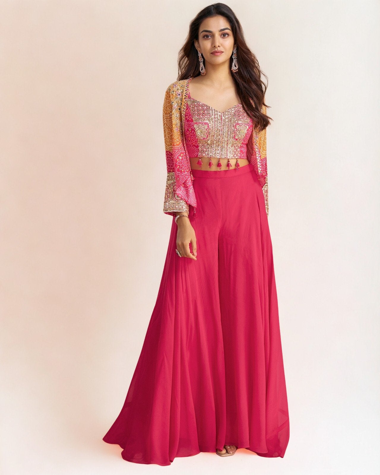 3 Piece Fusion Set | Embroidery Blouse, Palazzo & Dupatta