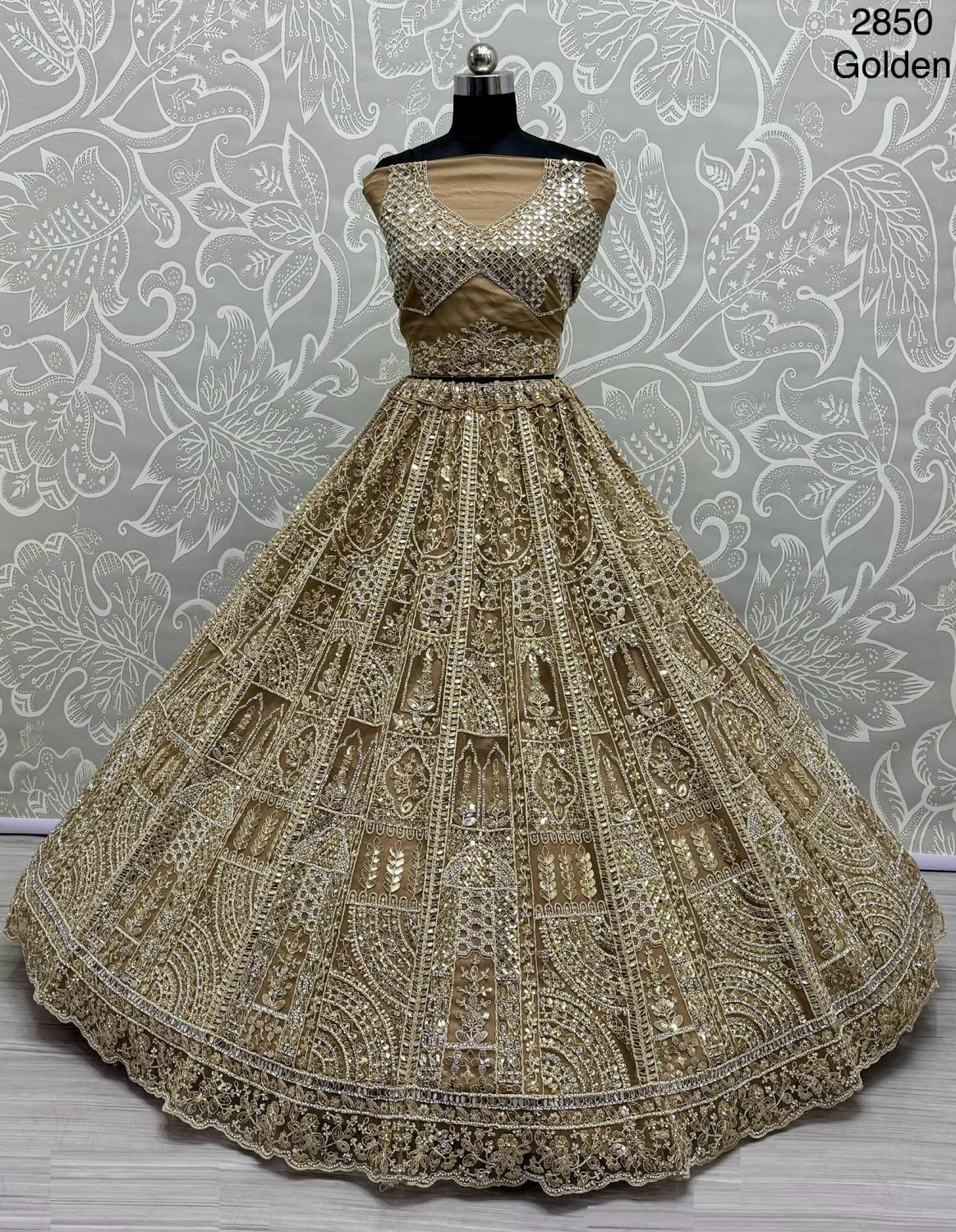 Motif & Zircon Diamond Work Studded Golden Net Bridal Lehenga Choli