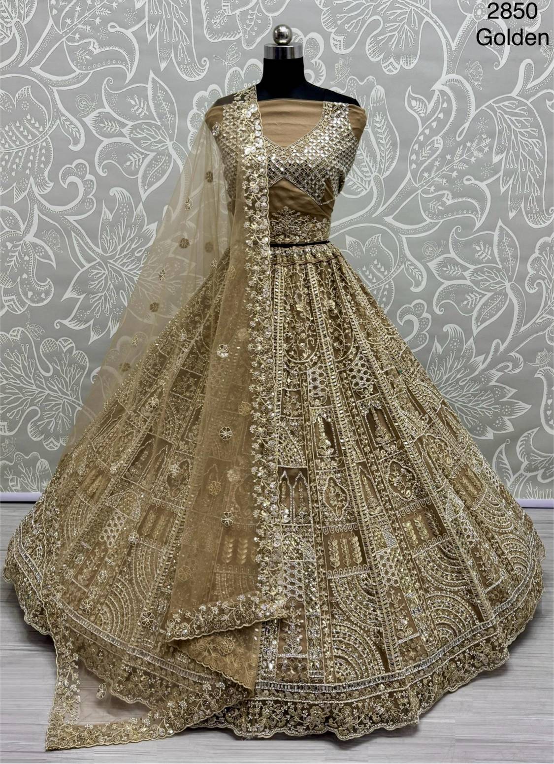 Motif & Zircon Diamond Work Studded Golden Net Bridal Lehenga Choli