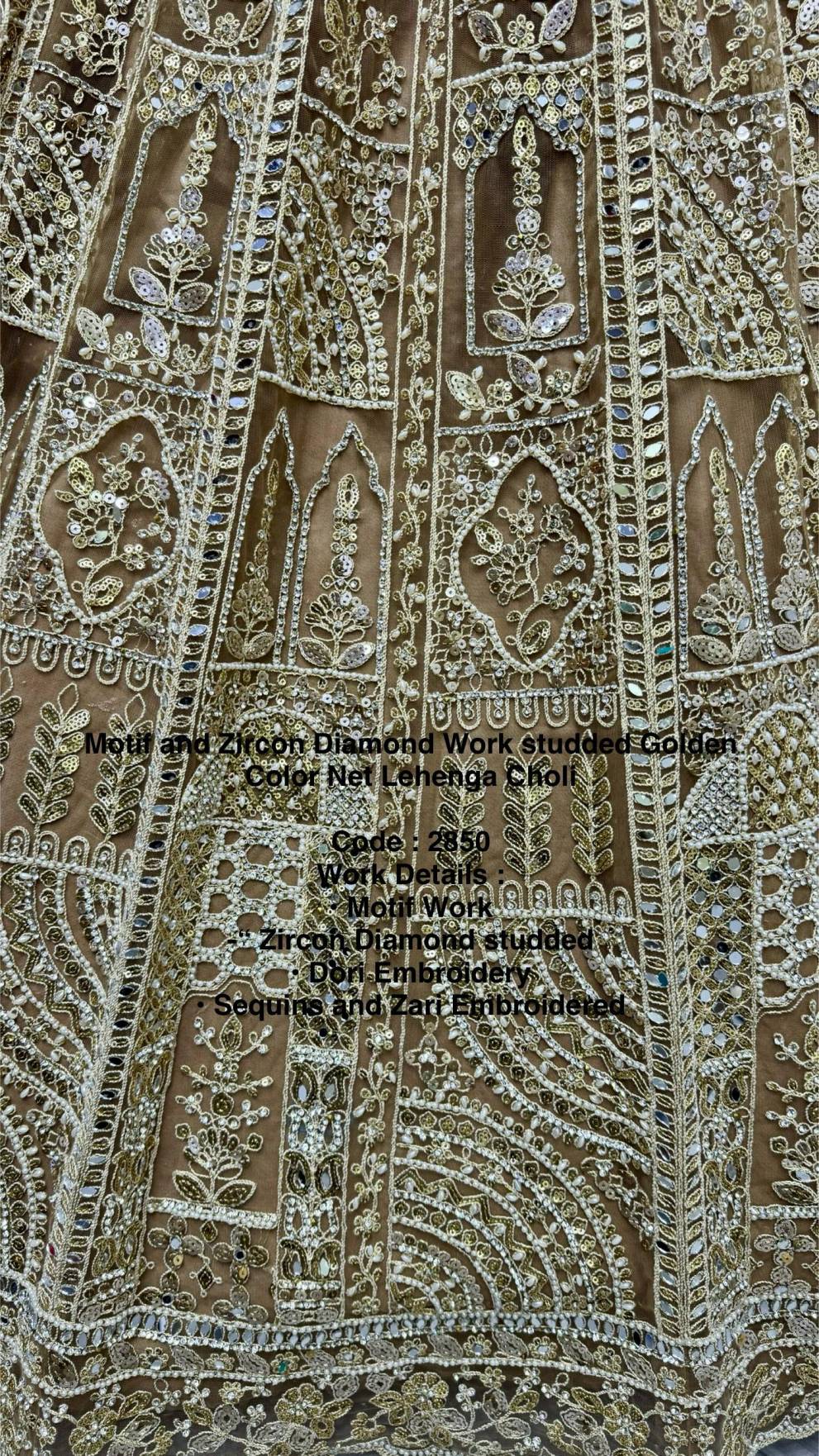 Motif & Zircon Diamond Work Studded Golden Net Bridal Lehenga Choli