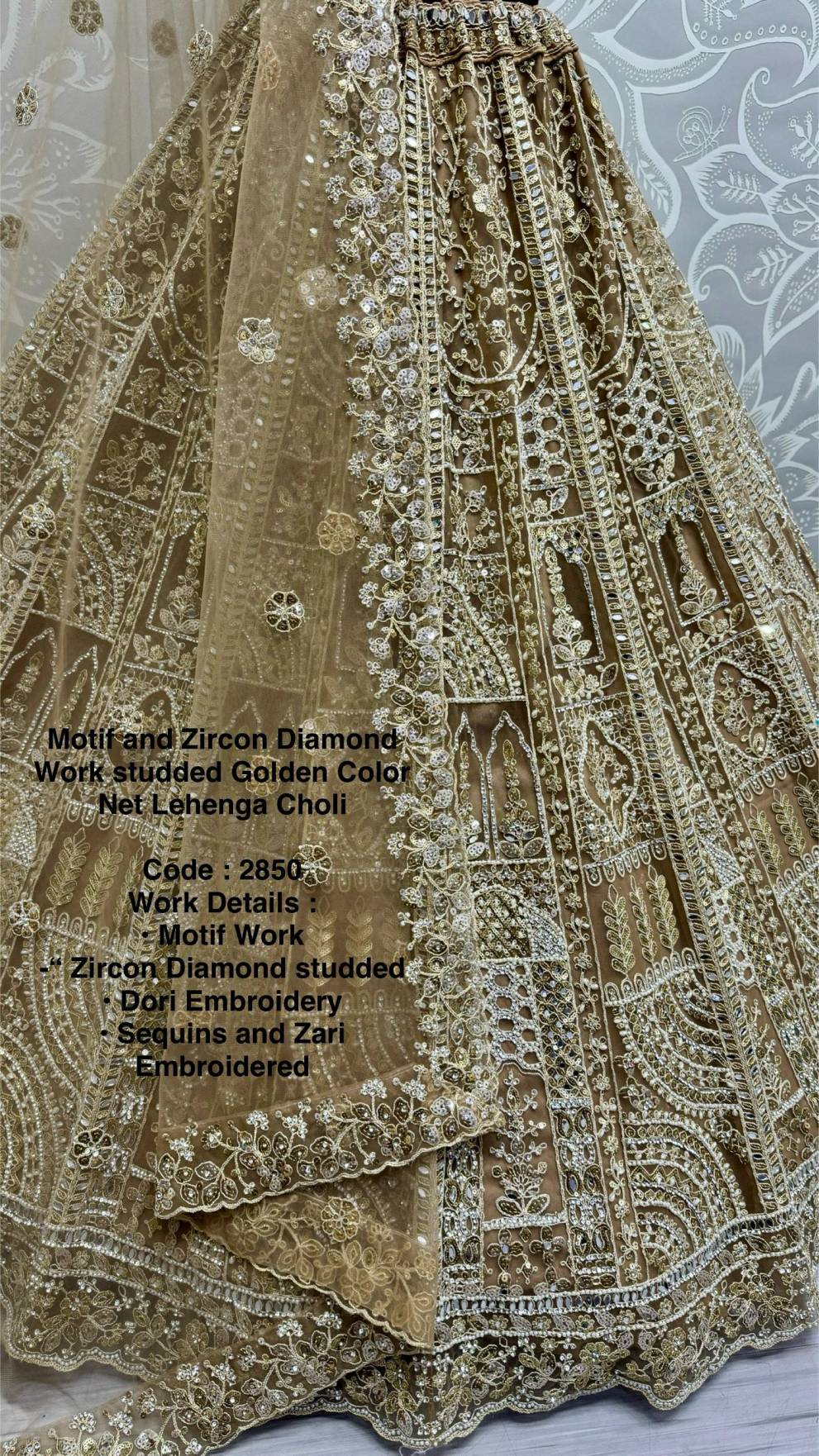 Motif & Zircon Diamond Work Studded Golden Net Bridal Lehenga Choli