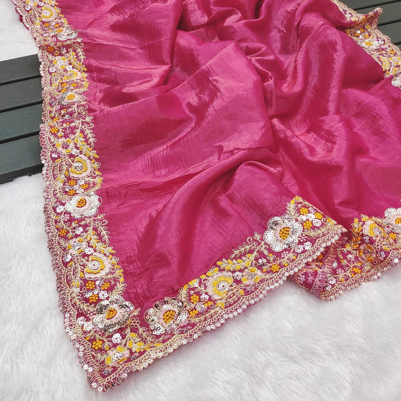 Premium Pink and Gold Crush Silk Saree