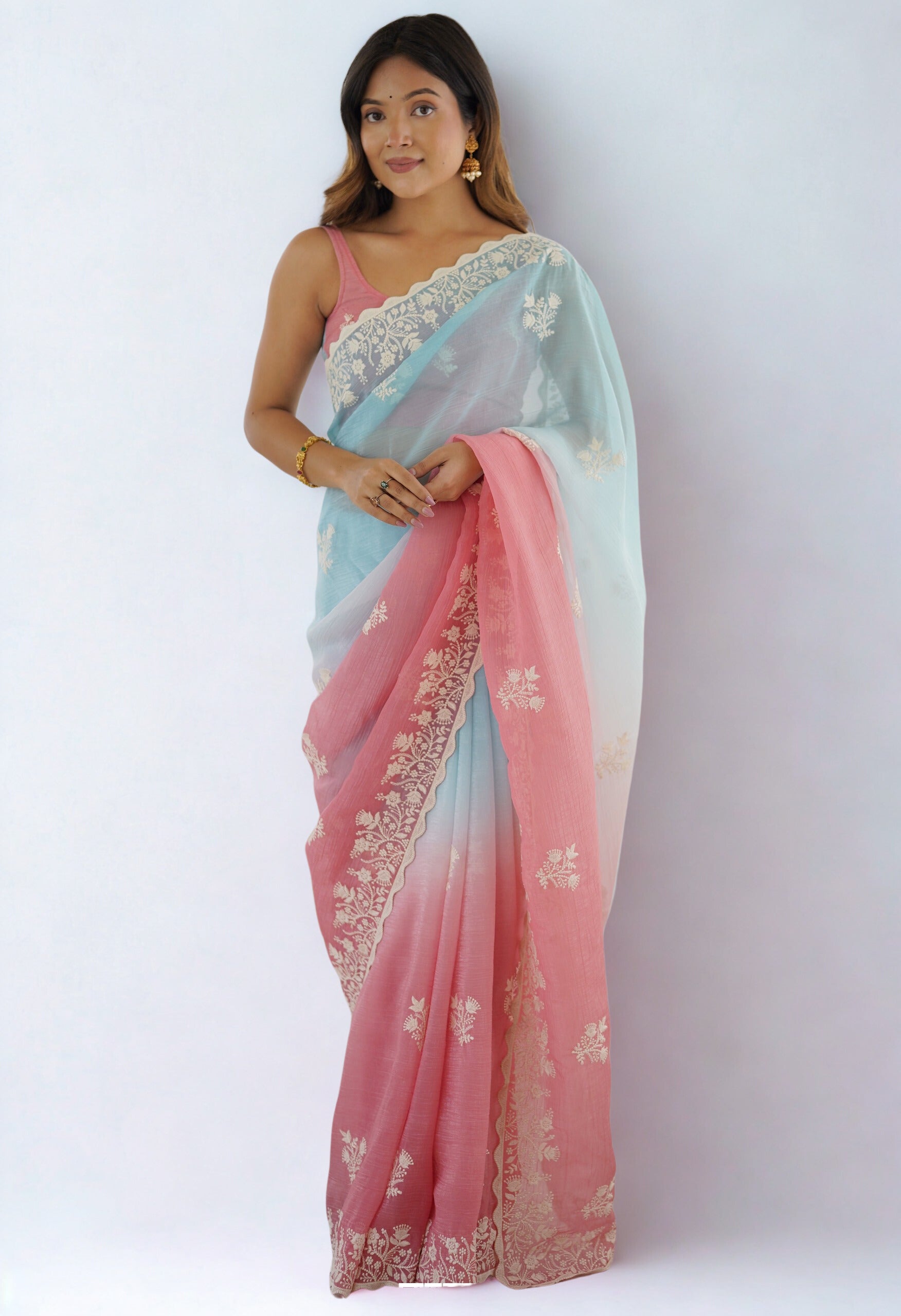 Pastel Party Wear Designer Stitched Saree with Blouse