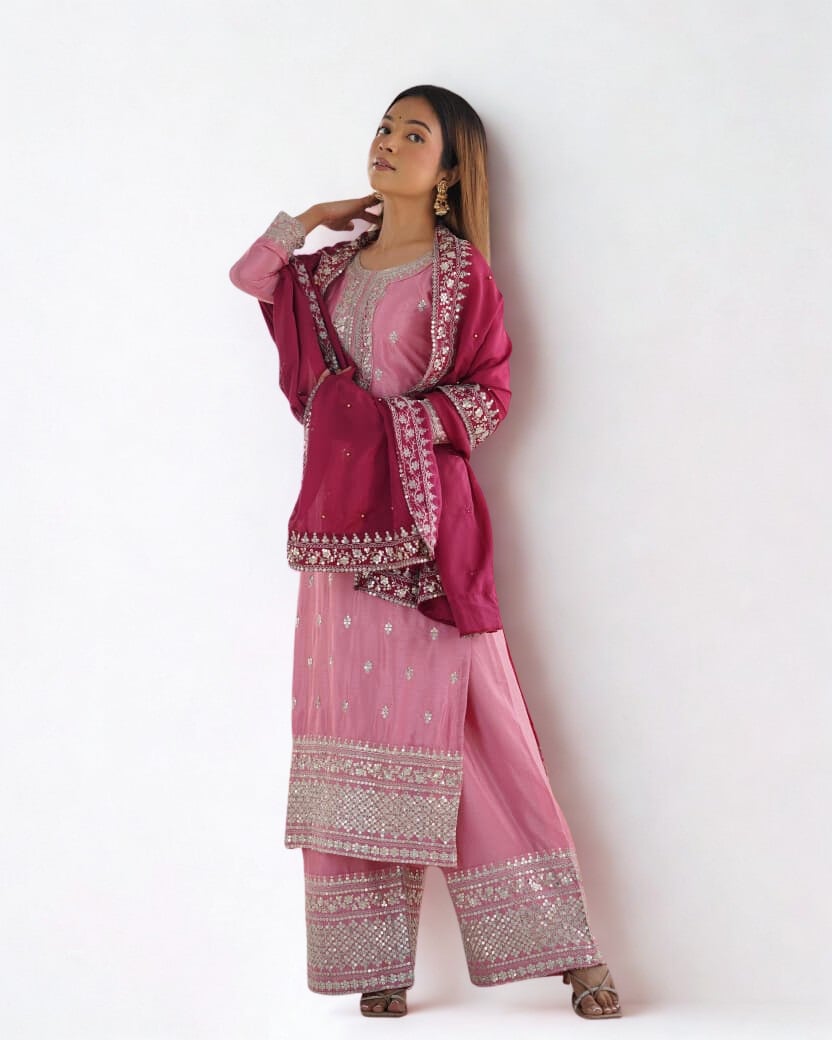 Designer Chinon Silk Festival Wear Set with Heavy Sequence Embroidery – Top, Bottom & Dupatta (Ready to Wear)