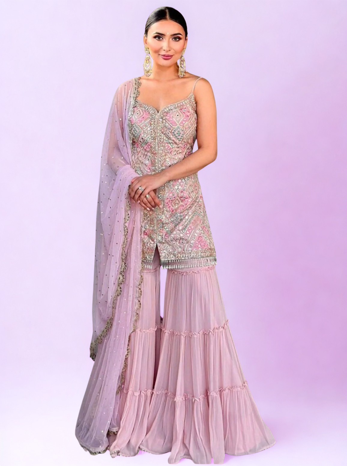 Light Pink Heavy Faux Georgette Sharara Suit with Embroidery & Sequence Work