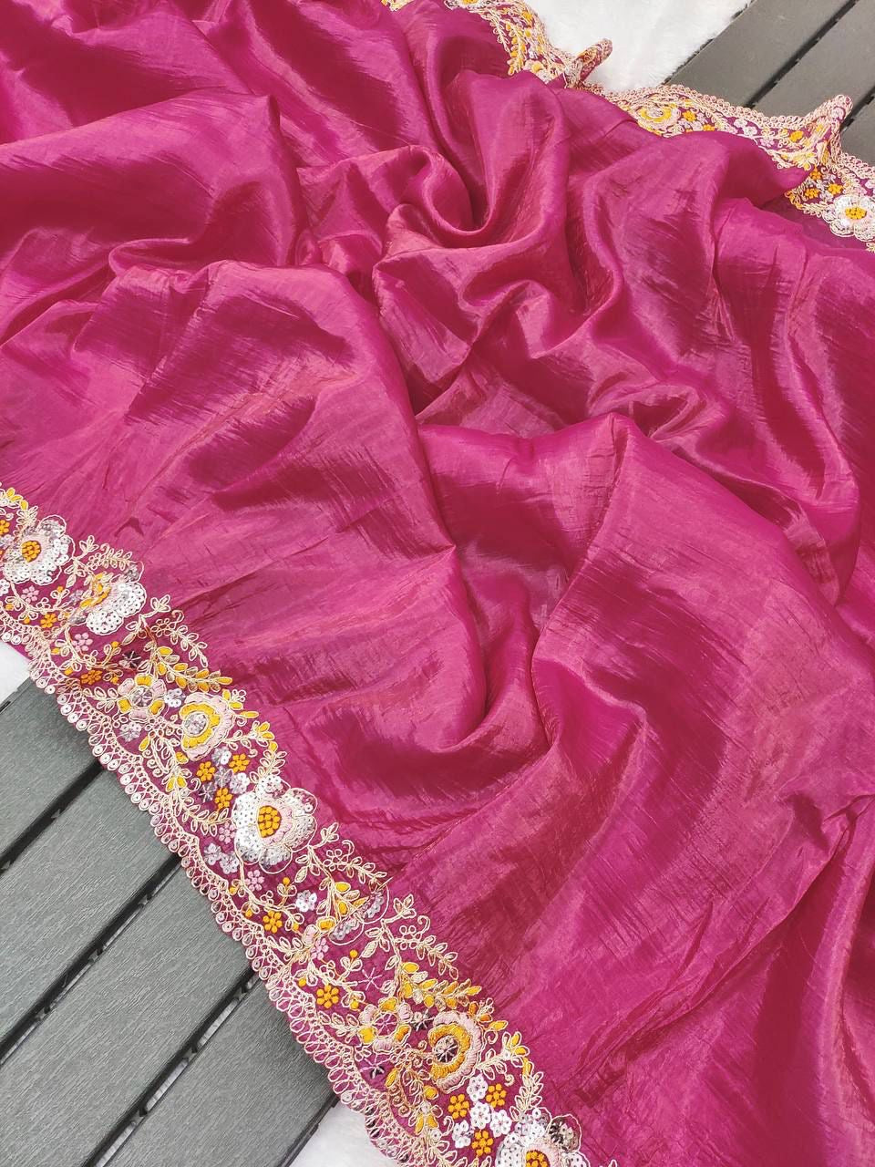 Premium Pink and Gold Crush Silk Saree