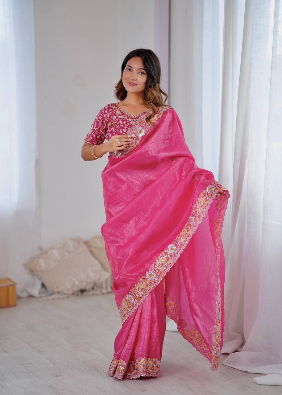 Premium Pink and Gold Crush Silk Saree