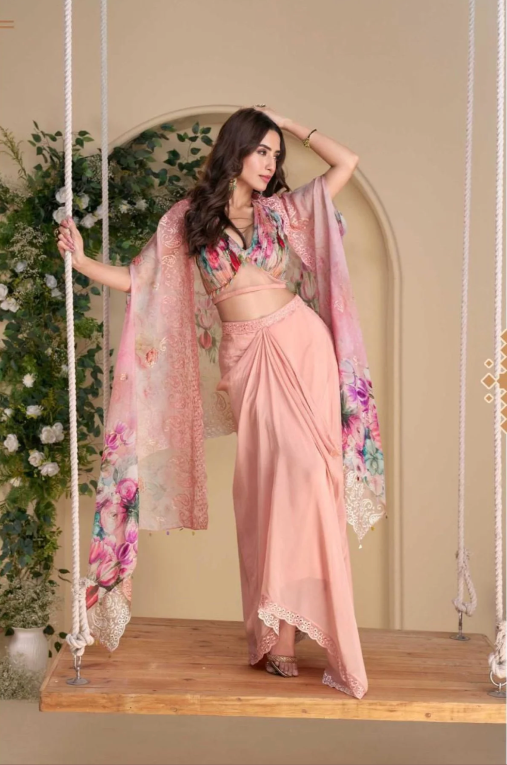 Wonaya Sayuri Chinon Indo Western Pair With Digital Floral Cape Designer Outfit