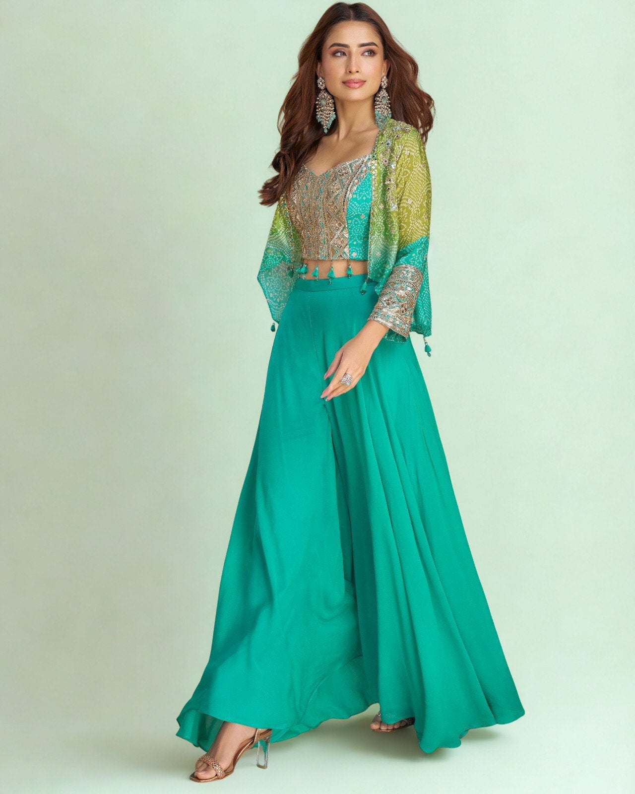 3 Piece Fusion Set | Embroidery Blouse, Palazzo & Dupatta