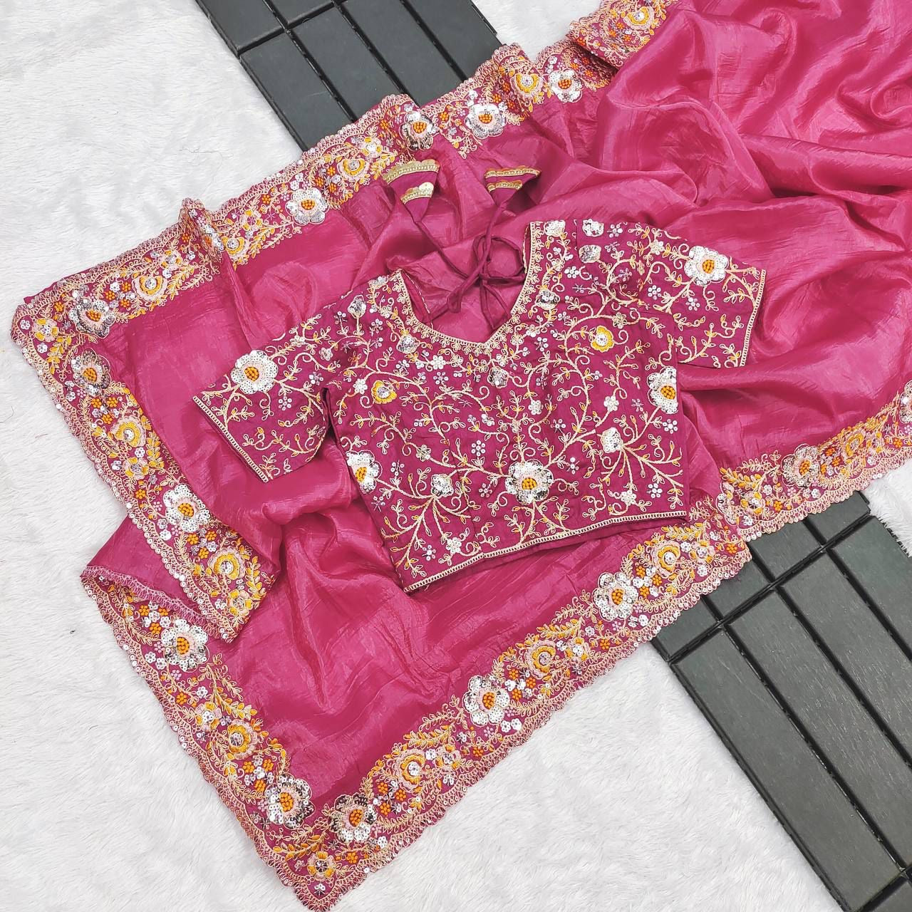Premium Pink and Gold Crush Silk Saree