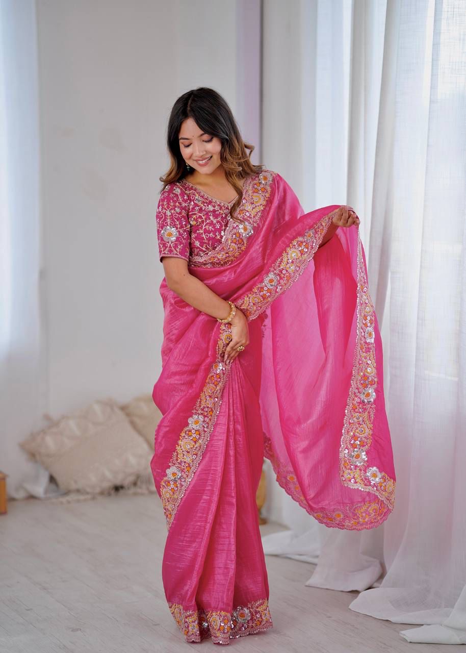 Premium Pink and Gold Crush Silk Saree