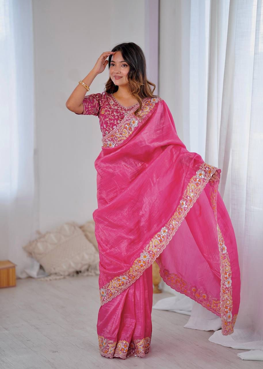 Premium Pink and Gold Crush Silk Saree