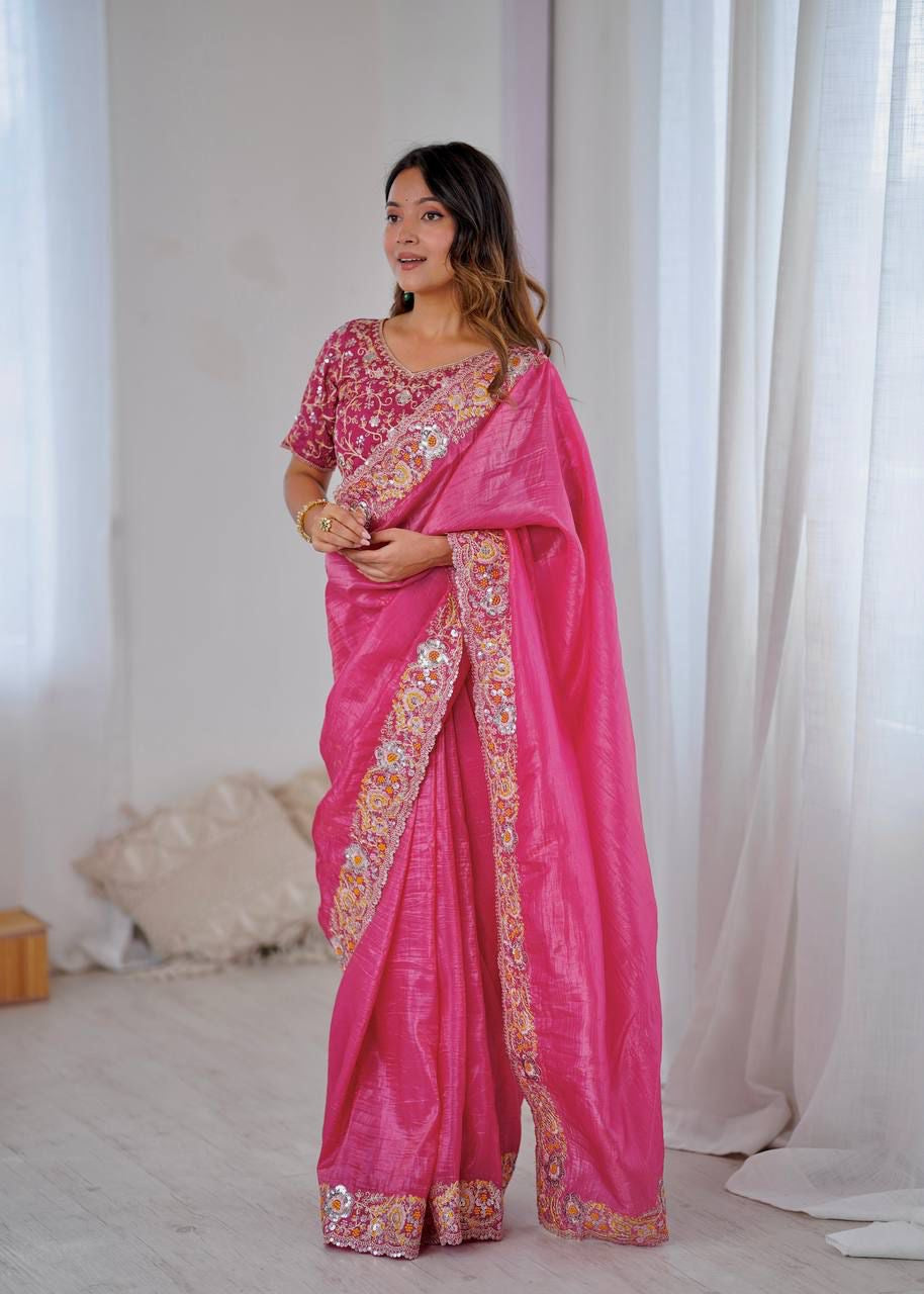 Premium Pink and Gold Crush Silk Saree