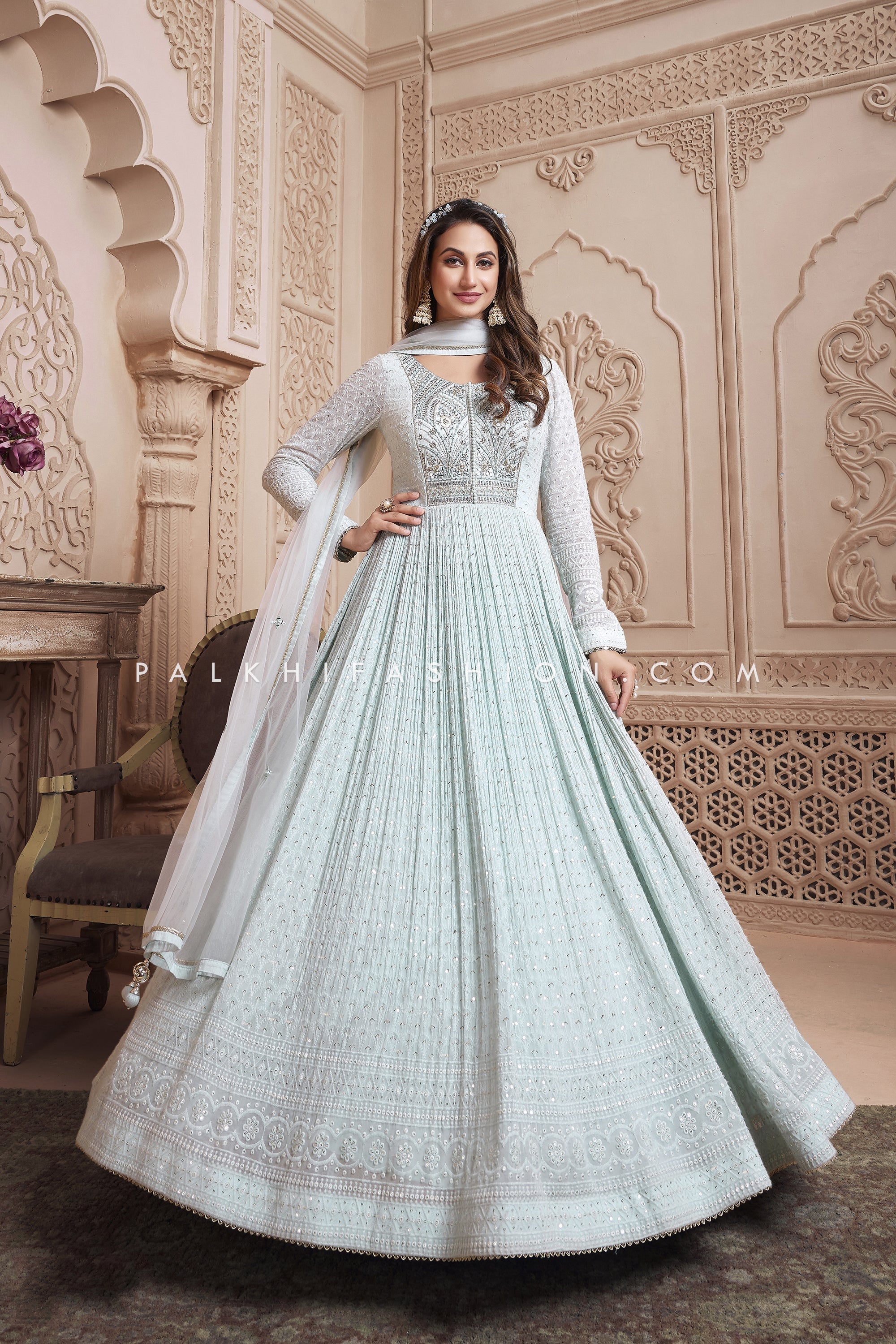 Designer Powder Blue Georgette Outfit Mirror and Handcrafted Details