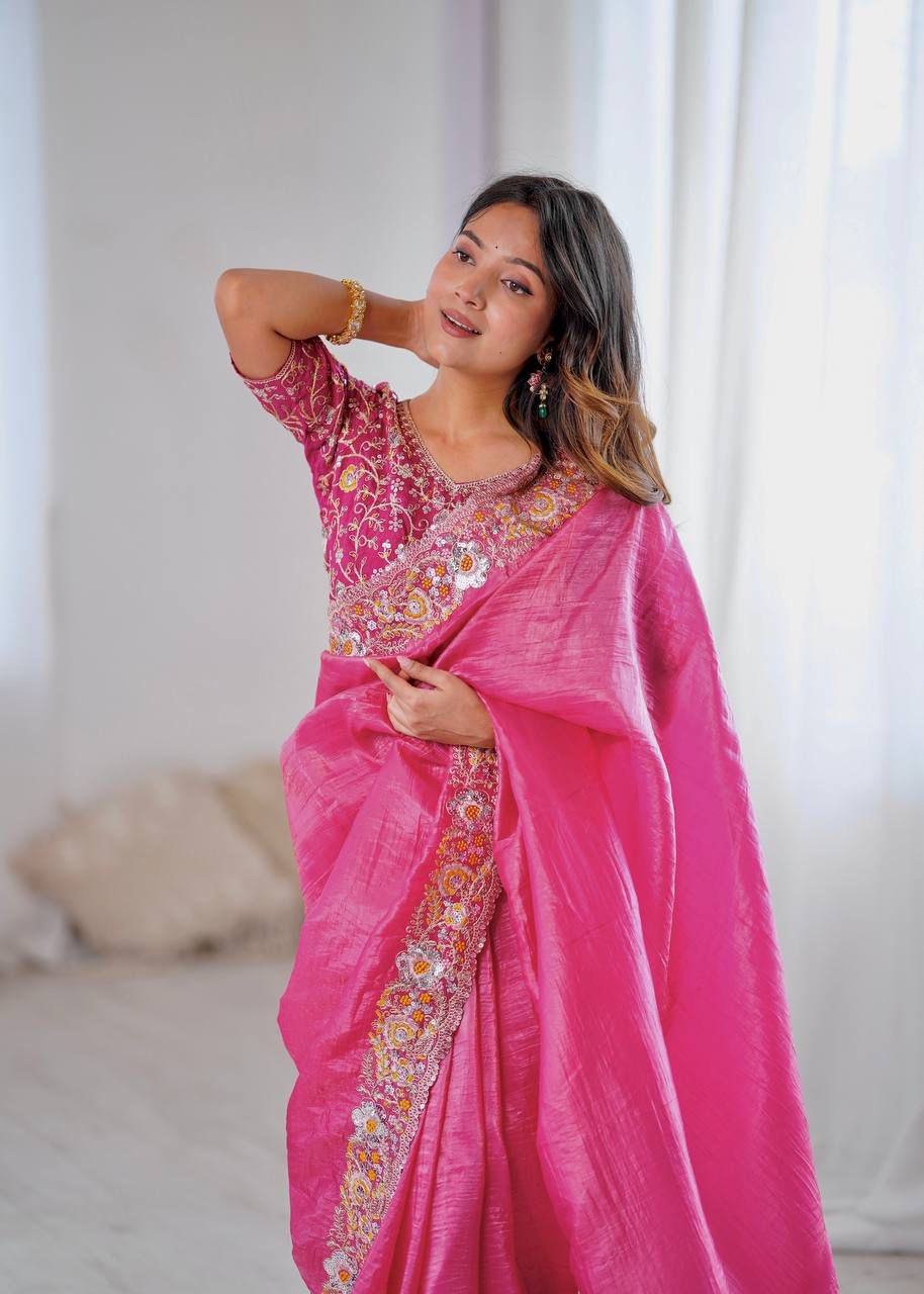 Premium Pink and Gold Crush Silk Saree
