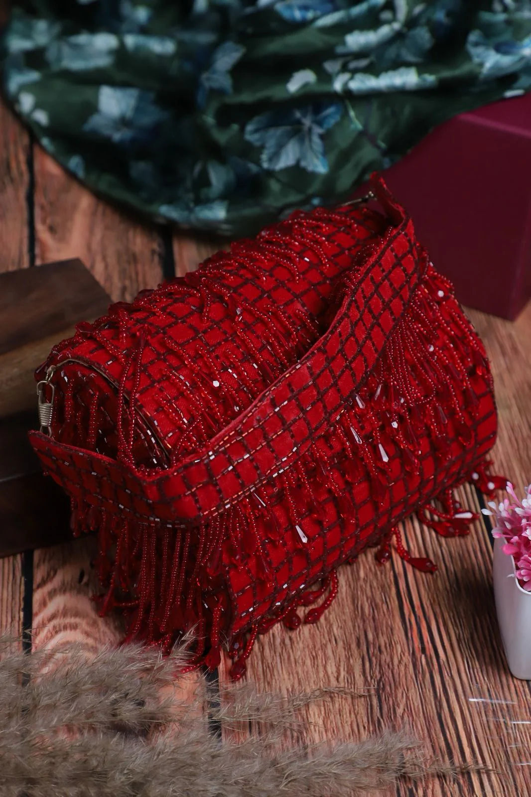 Luxurious Crystal Flap Clutch with Beaded Handle