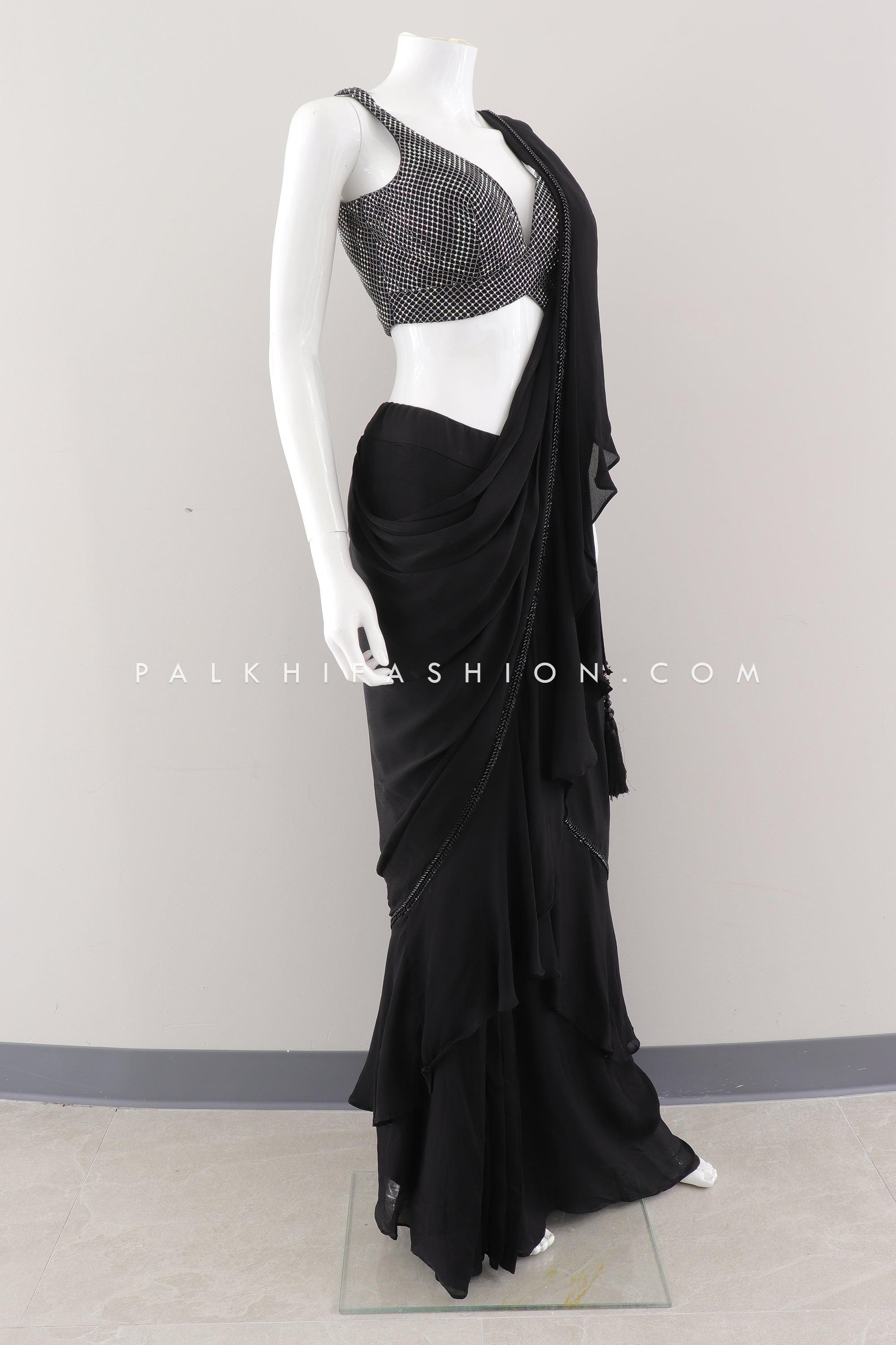 Pre-Draped Black Saree with Stone, Sequin, and Embroidery Work