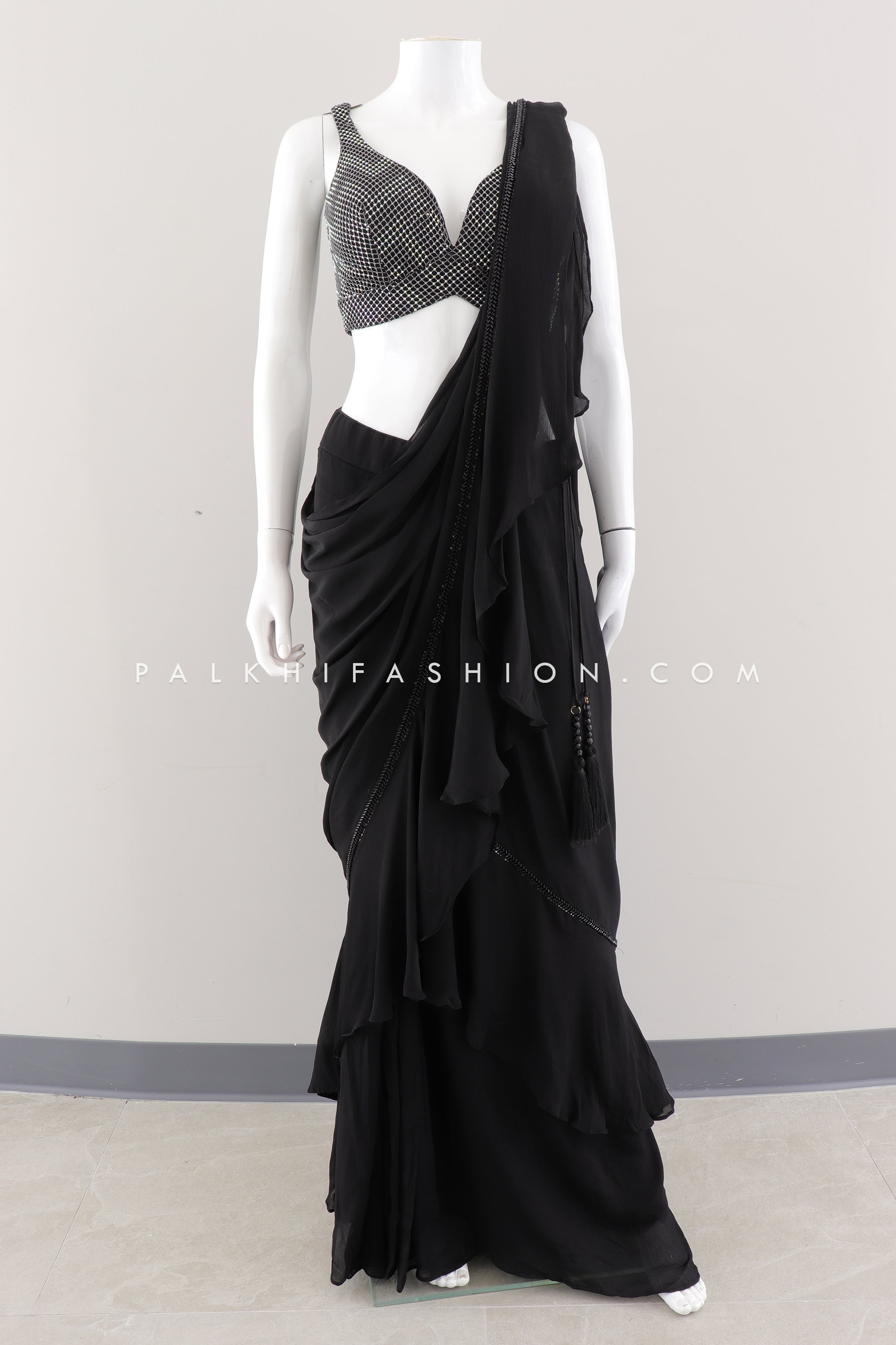 Pre-Draped Black Saree with Stone, Sequin, and Embroidery Work