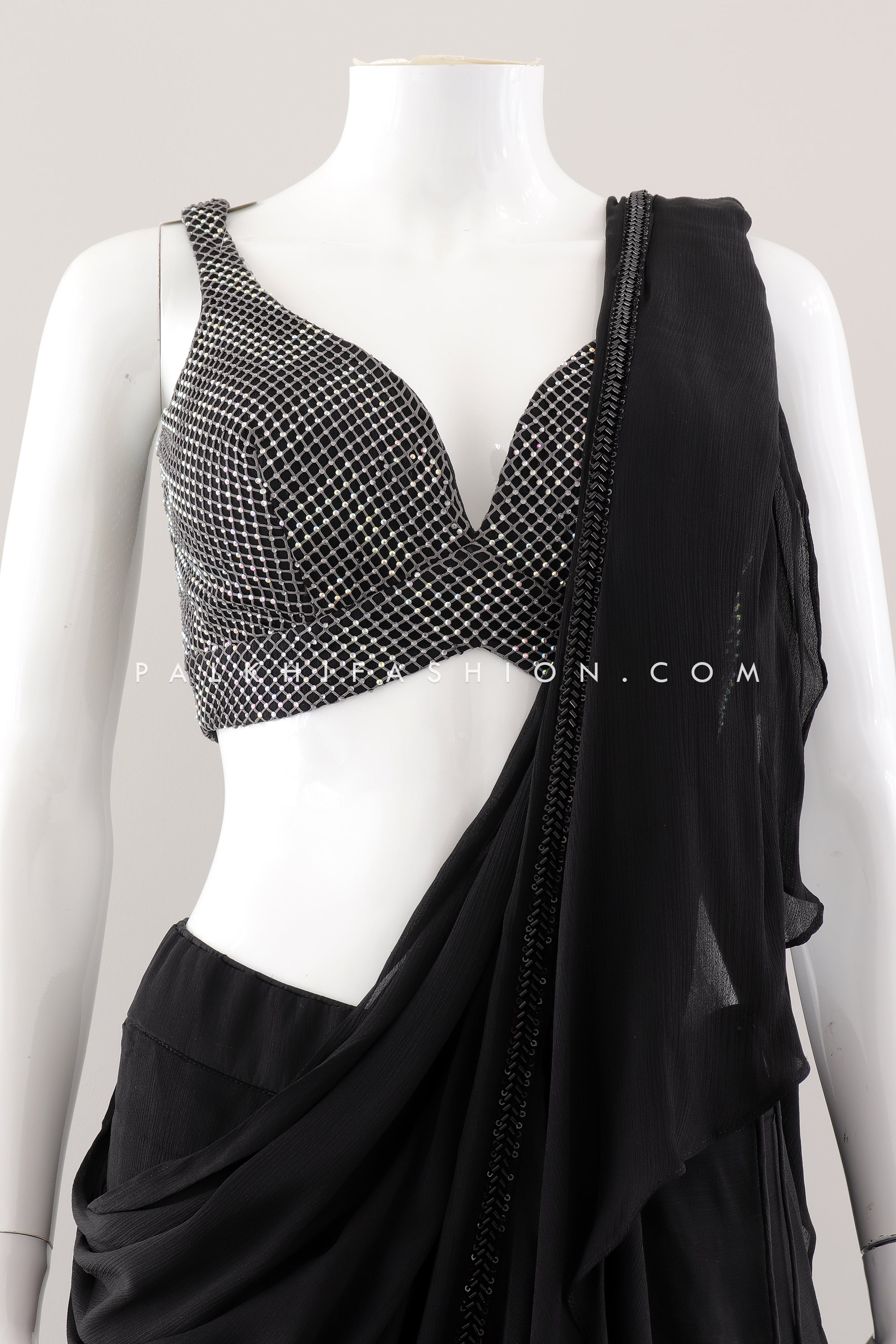 Pre-Draped Black Saree with Stone, Sequin, and Embroidery Work
