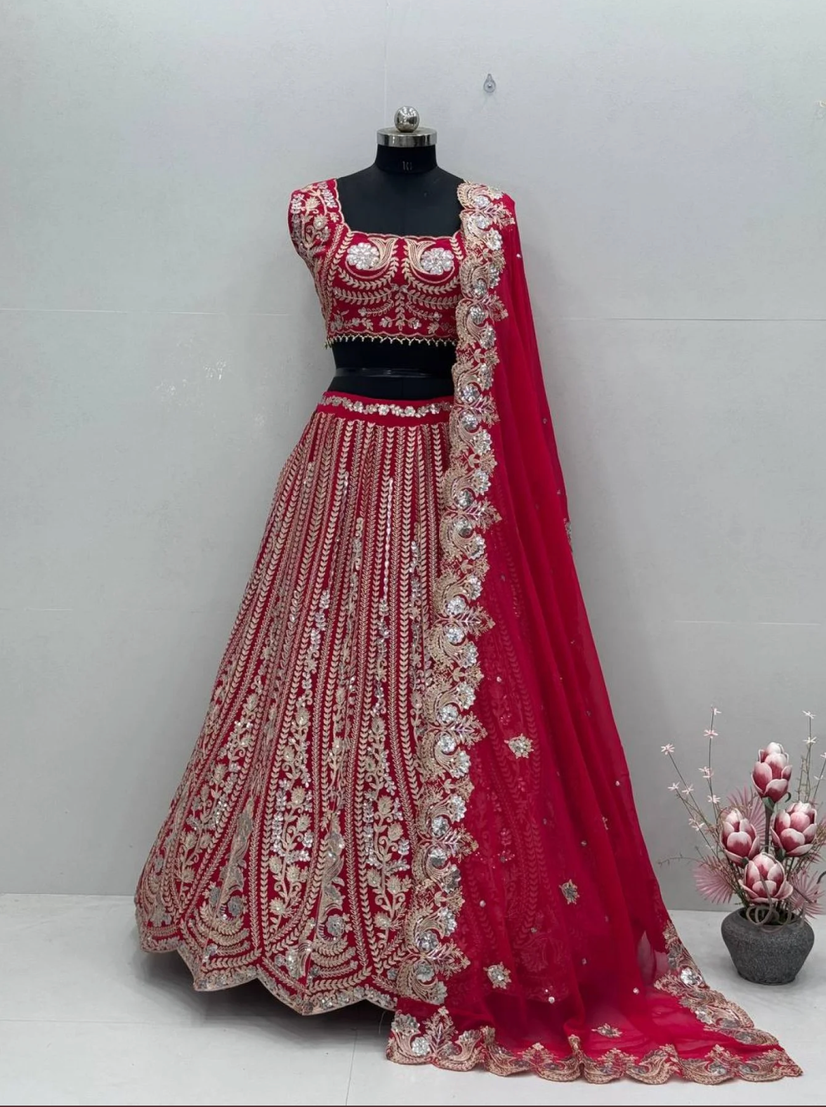 Red Trendy Designer Georgette Lehenga Choli Set Heavy Sequence & Embroidery Work With Dupatta