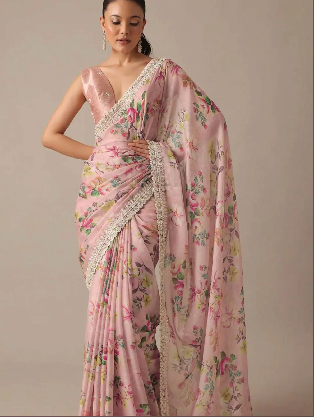 Pink Floral Chiffon Saree with Sequins & Embroidered Blouse