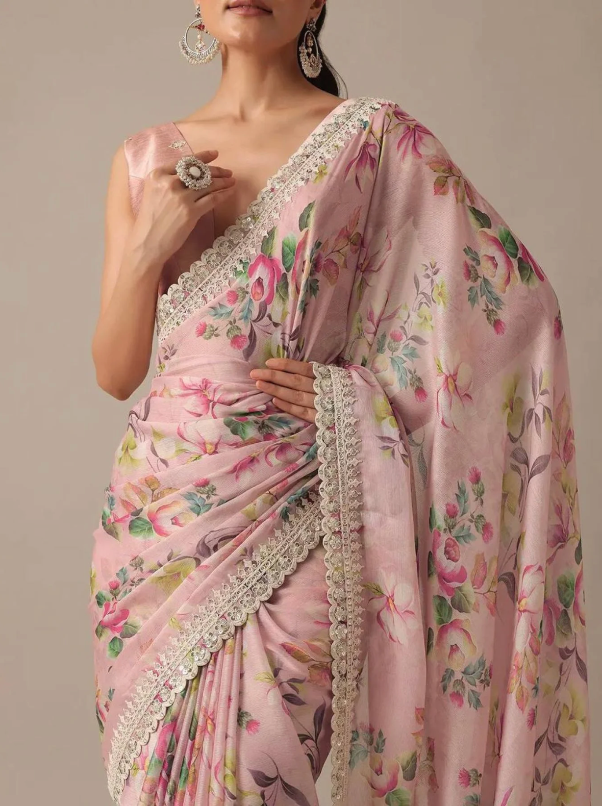Pink Floral Chiffon Saree with Sequins & Embroidered Blouse