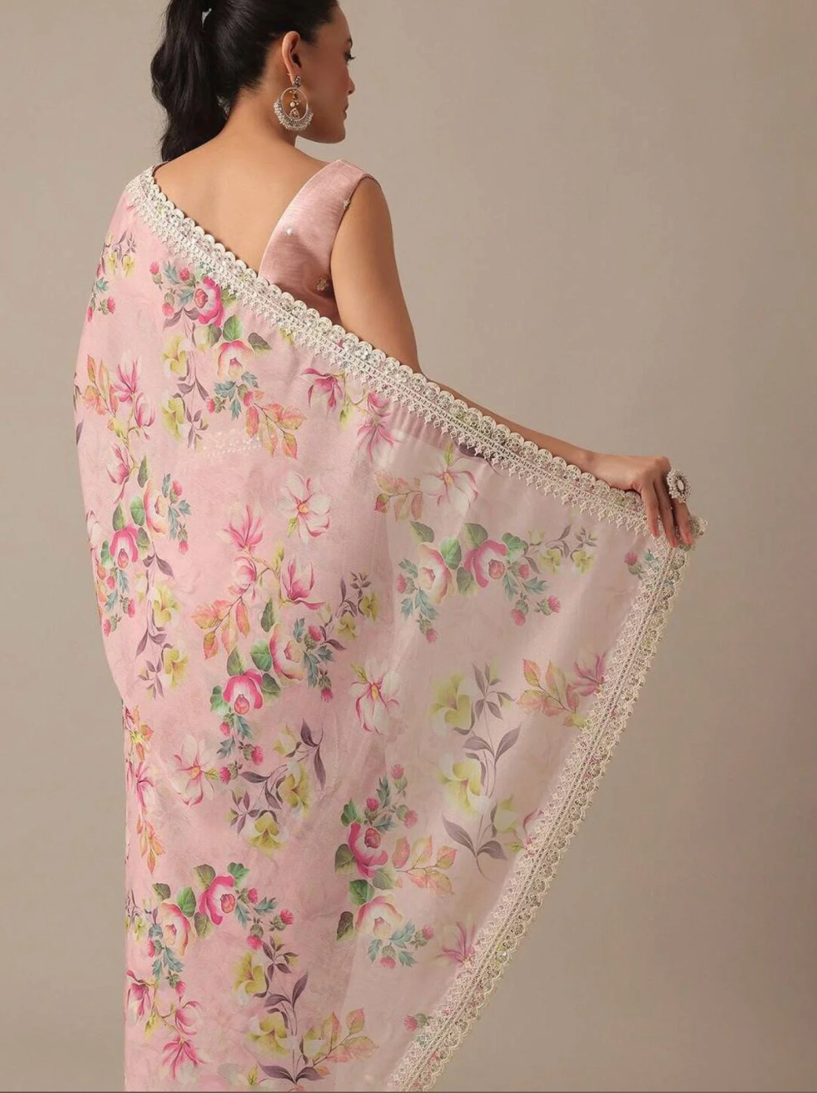 Pink Floral Chiffon Saree with Sequins & Embroidered Blouse