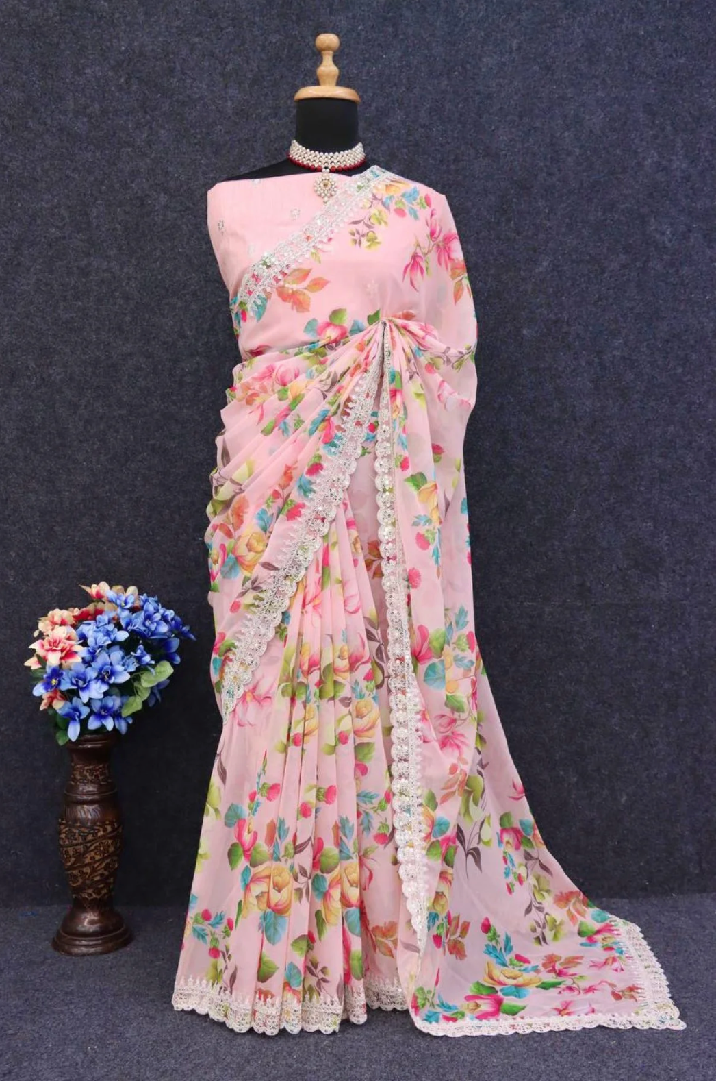 Pink Floral Chiffon Saree with Sequins & Embroidered Blouse