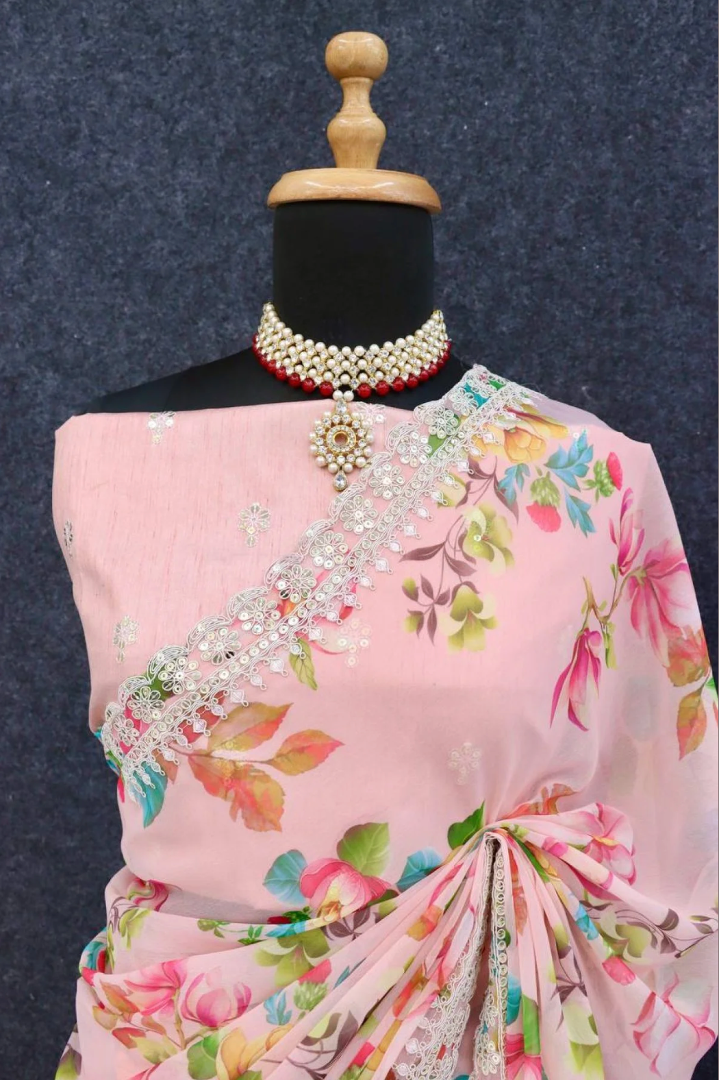 Pink Floral Chiffon Saree with Sequins & Embroidered Blouse