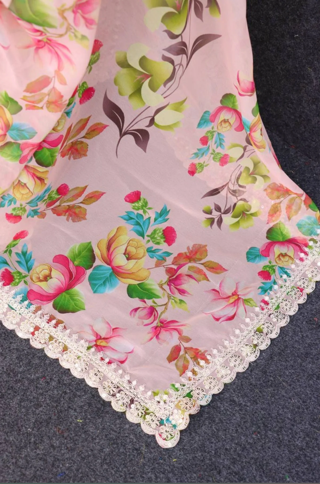 Pink Floral Chiffon Saree with Sequins & Embroidered Blouse