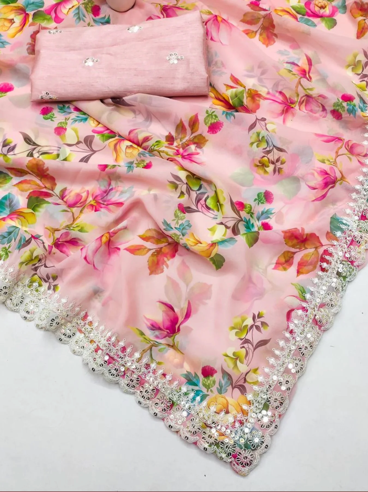 Pink Floral Chiffon Saree with Sequins & Embroidered Blouse