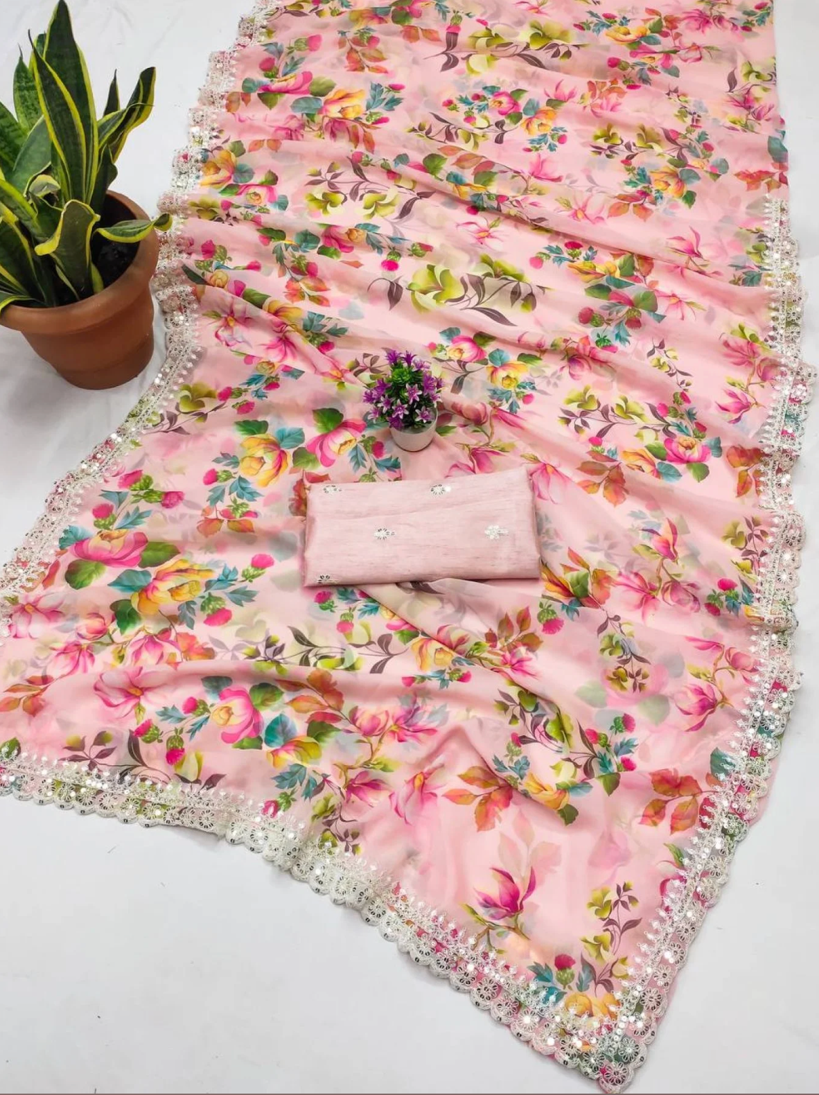 Pink Floral Chiffon Saree with Sequins & Embroidered Blouse