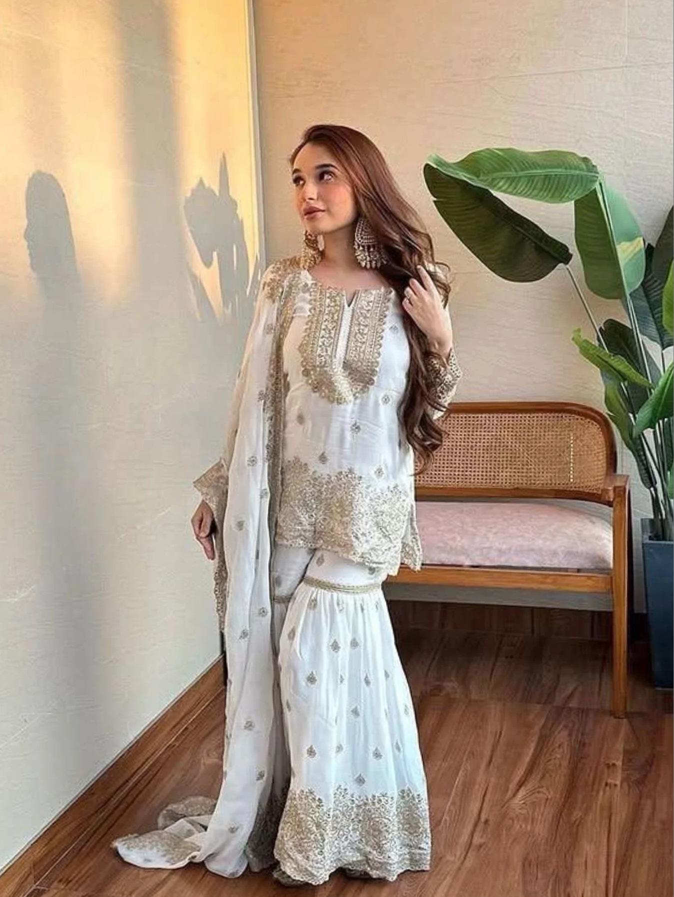 White Chinon Silk Salwar Suit With Embroidery Work