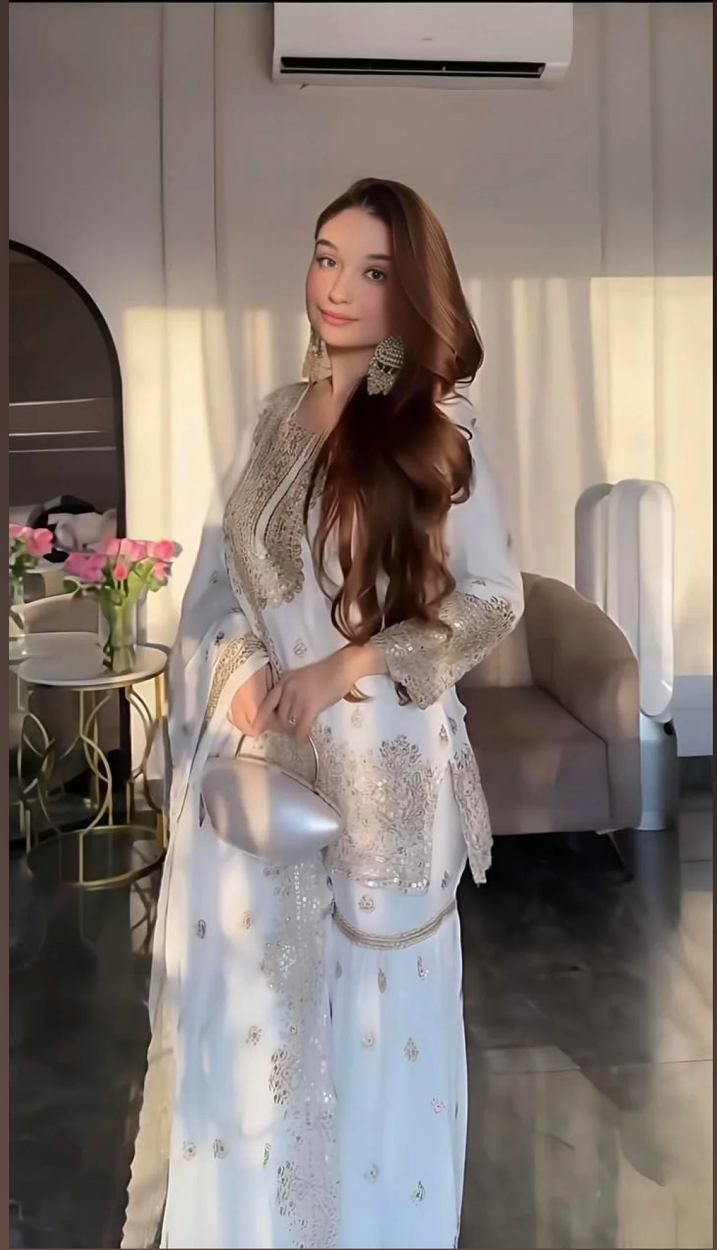 White Chinon Silk Salwar Suit With Embroidery Work