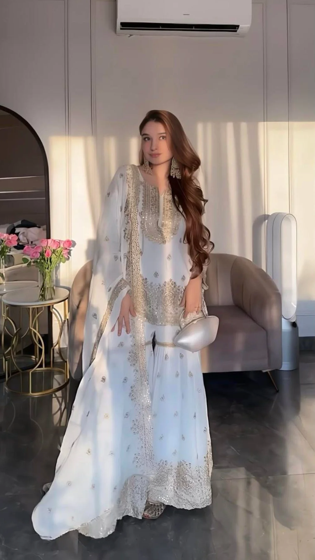 White Chinon Silk Salwar Suit With Embroidery Work