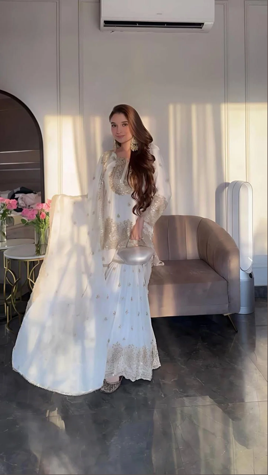 White Chinon Silk Salwar Suit With Embroidery Work