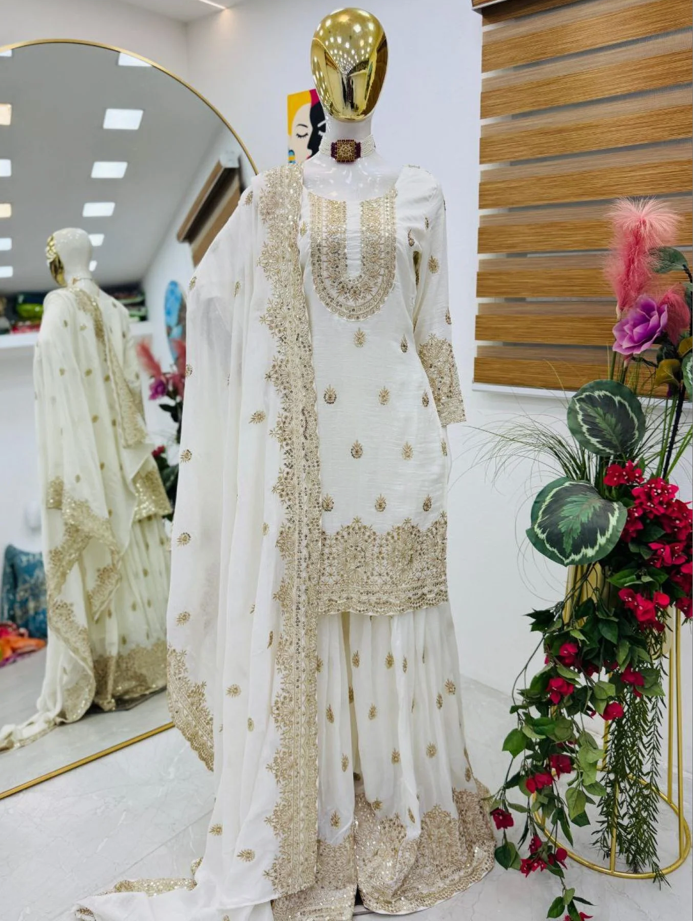White Chinon Silk Salwar Suit With Embroidery Work