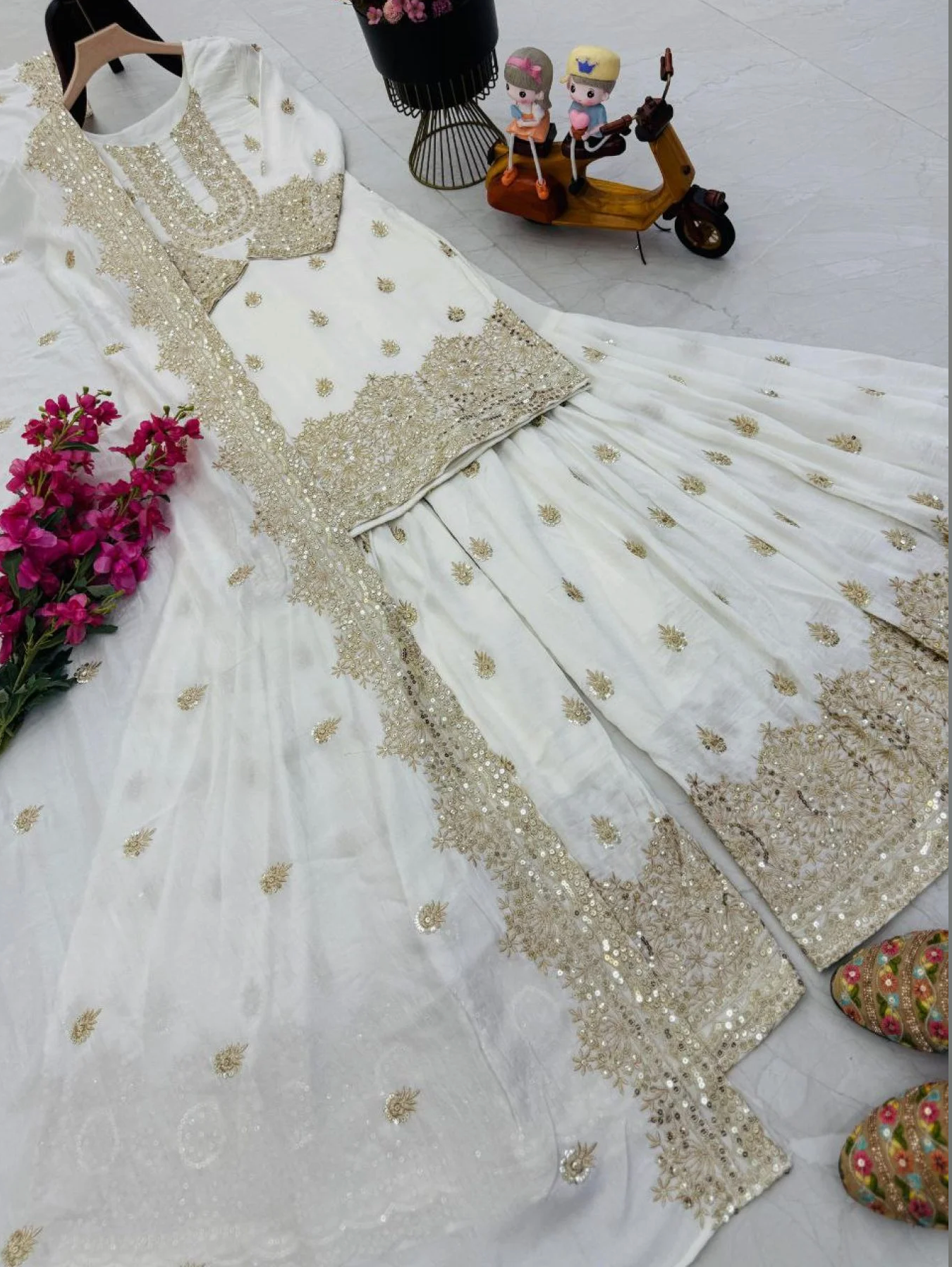 White Chinon Silk Salwar Suit With Embroidery Work