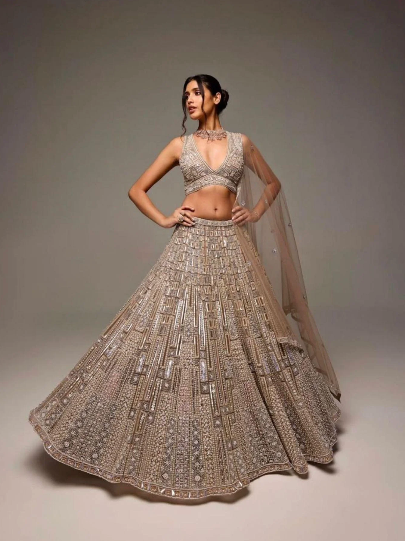 Golden Elegance – Embroidered Net Lehenga Choli with Dupatta