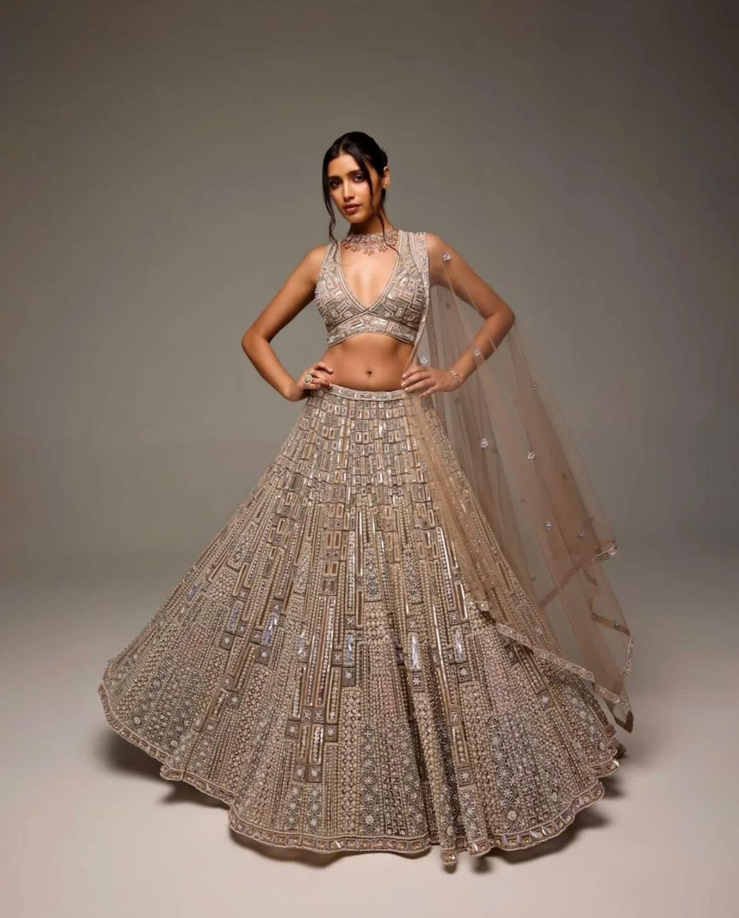 Golden Elegance – Embroidered Net Lehenga Choli with Dupatta
