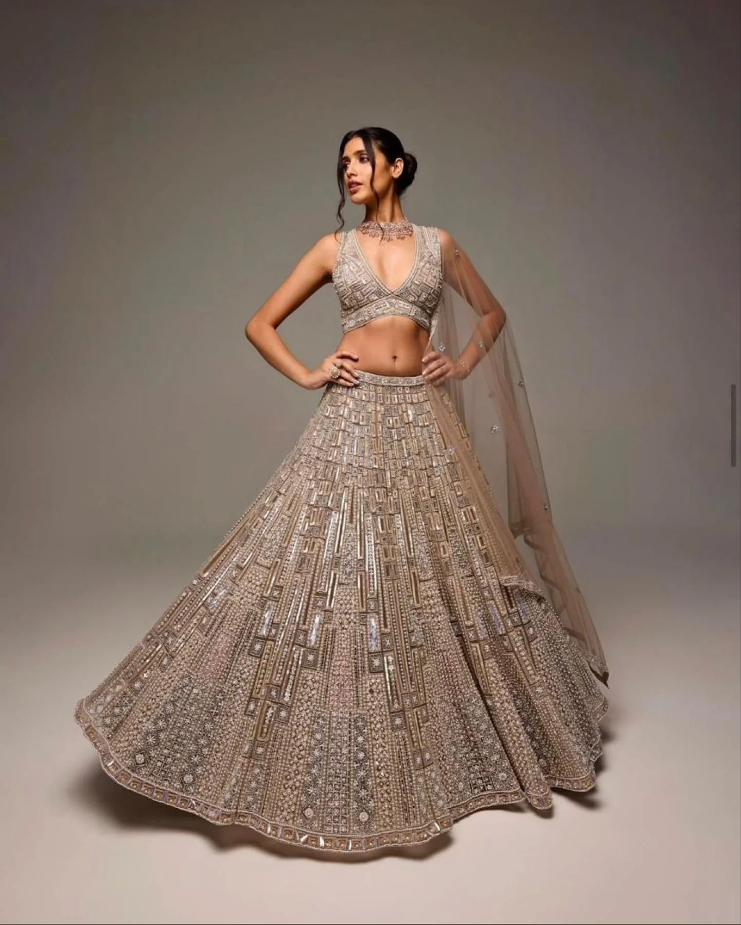 Golden Elegance – Embroidered Net Lehenga Choli with Dupatta