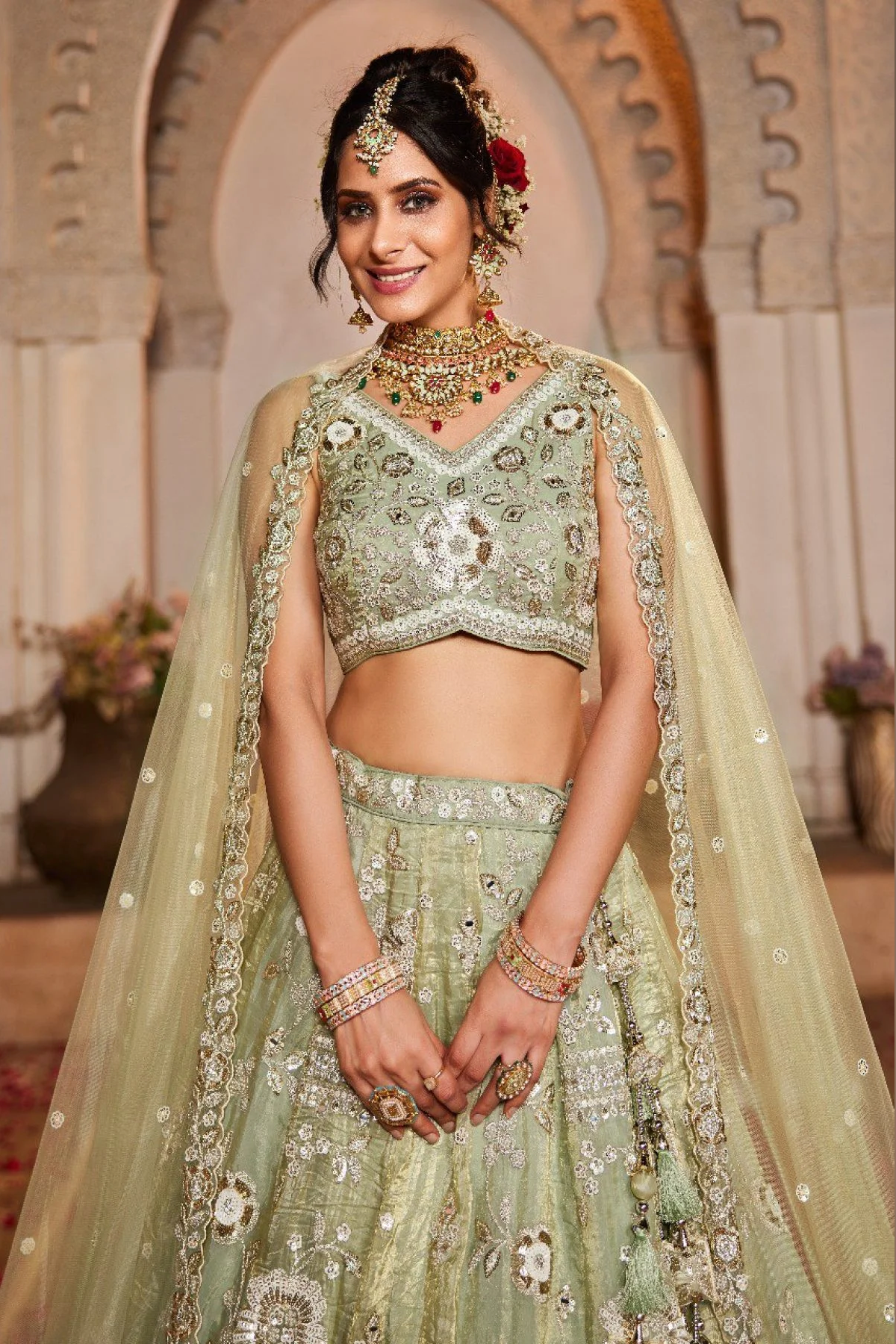Pista Green Bridal Lehenga with Intricate Embroidery