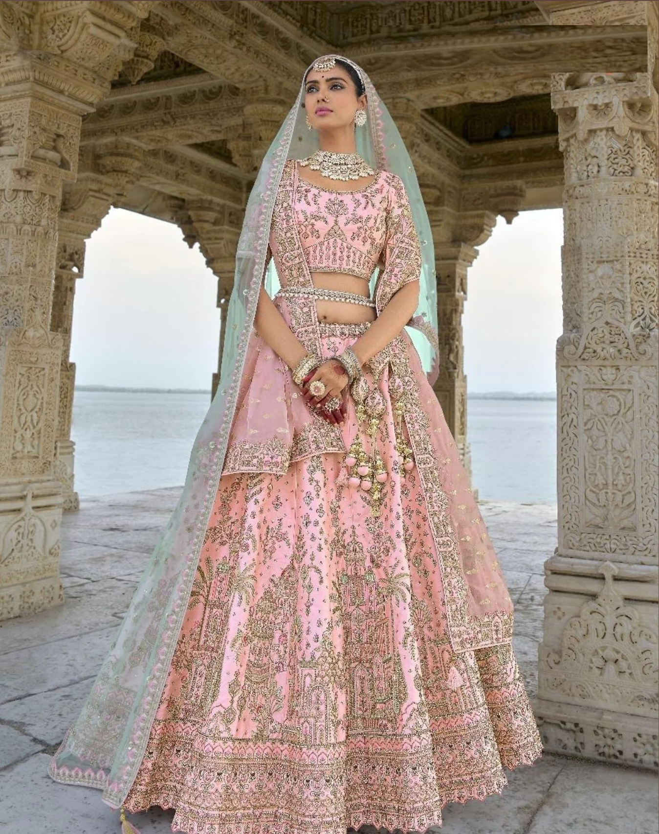 Blush Silk Bridal Lehenga Set with Embellished Net Dupatta