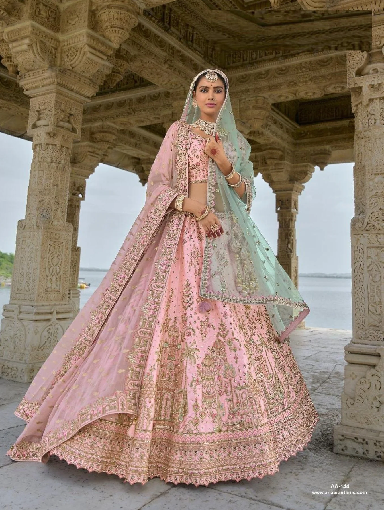 Blush Silk Bridal Lehenga Set with Embellished Net Dupatta