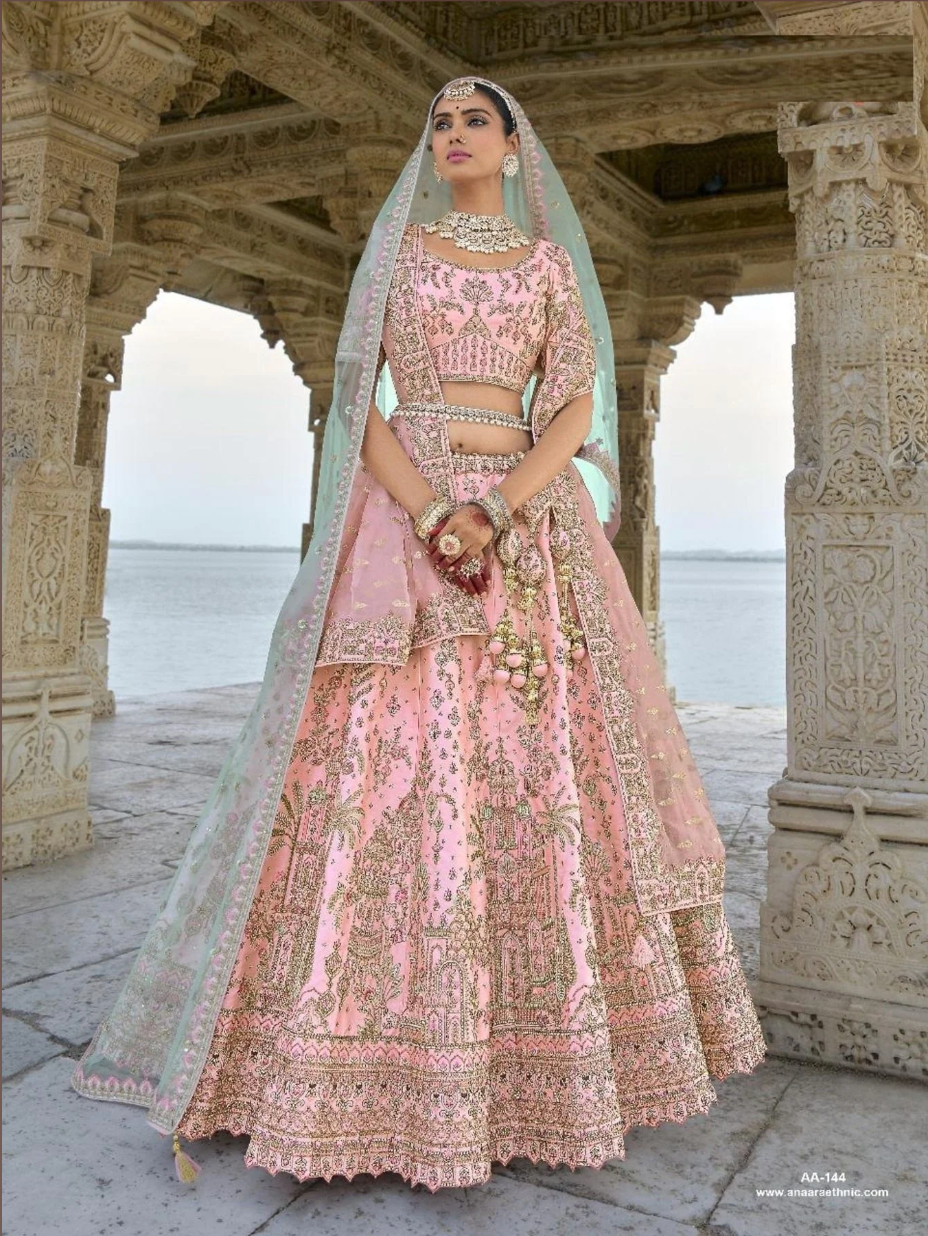 Blush Silk Bridal Lehenga Set with Embellished Net Dupatta
