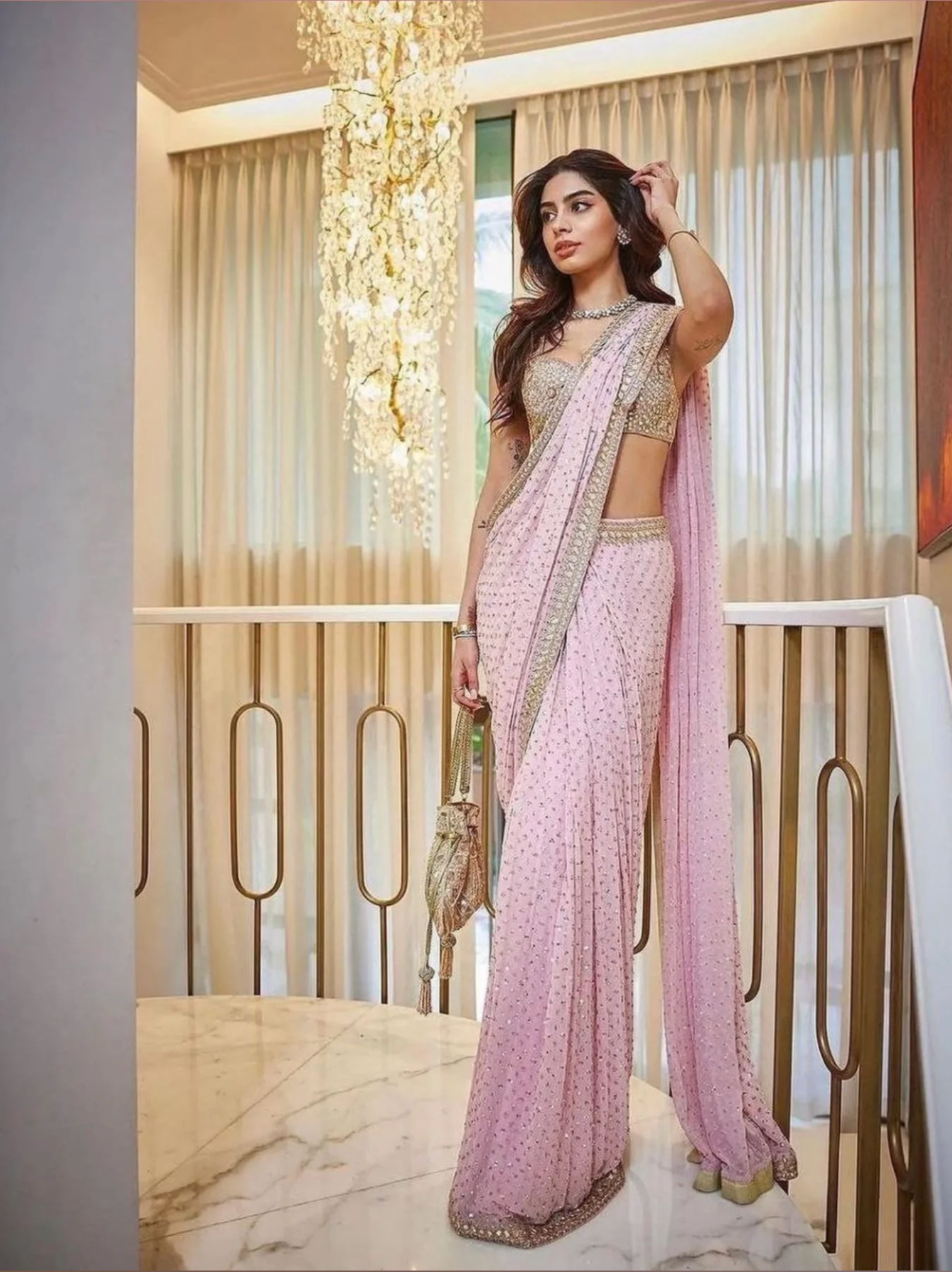 Baby Pink Mirror & Sequin Embroidered Faux Georgette Saree with Blouse