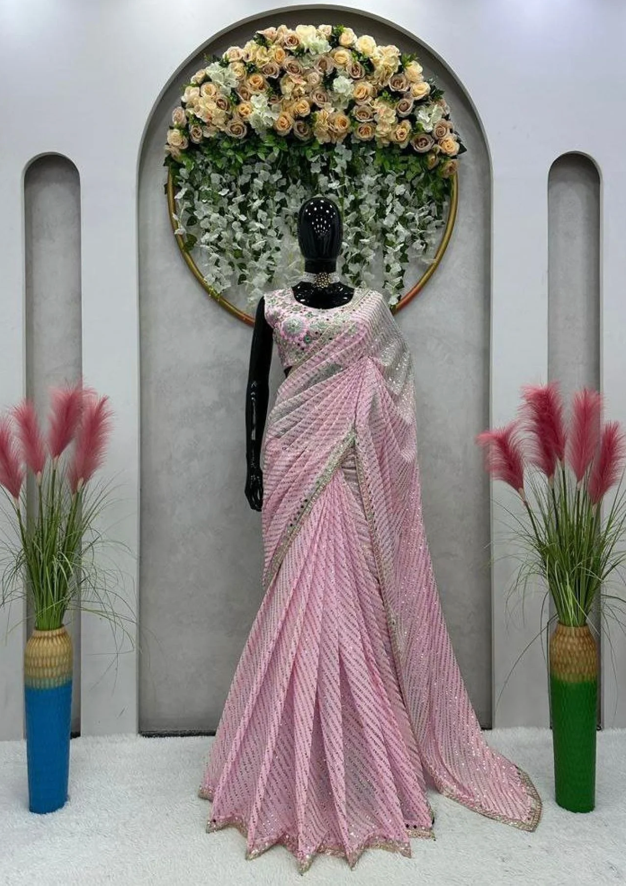 Baby Pink Mirror & Sequin Embroidered Faux Georgette Saree with Blouse